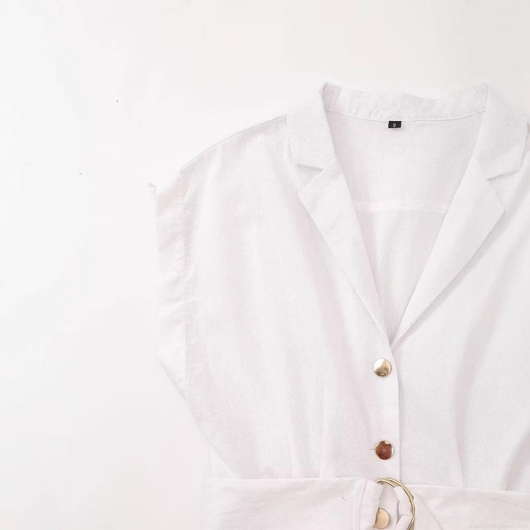 Women\'s Sleeveless White Shirt Dress Cotton Blend Midi A-Line Dress With Metal Ring Belt Lapel Button Down Dress For Summer Casual Daily Streetwear
