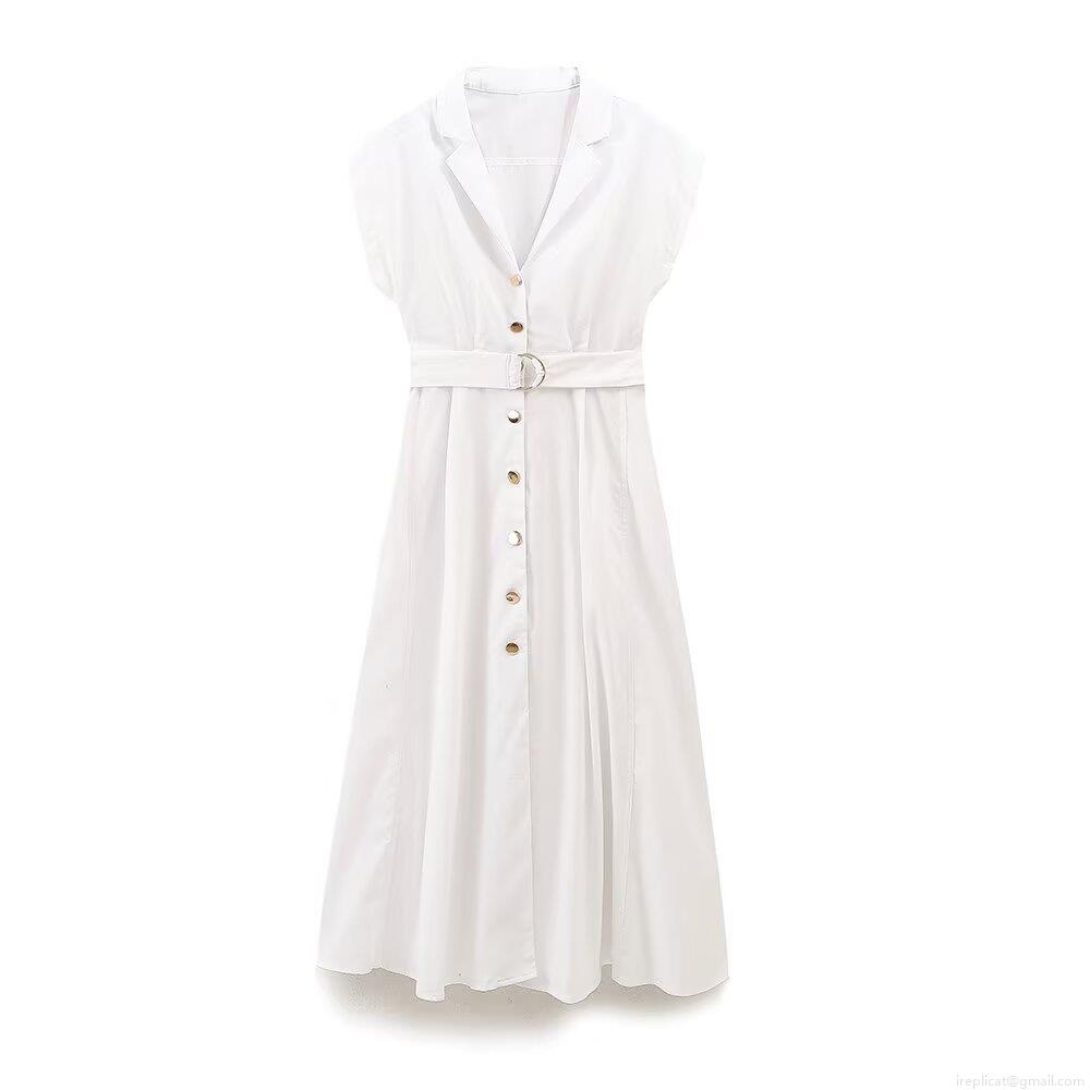 Women\'s Sleeveless White Shirt Dress Cotton Blend Midi A-Line Dress With Metal Ring Belt Lapel Button Down Dress For Summer Casual Daily Streetwear