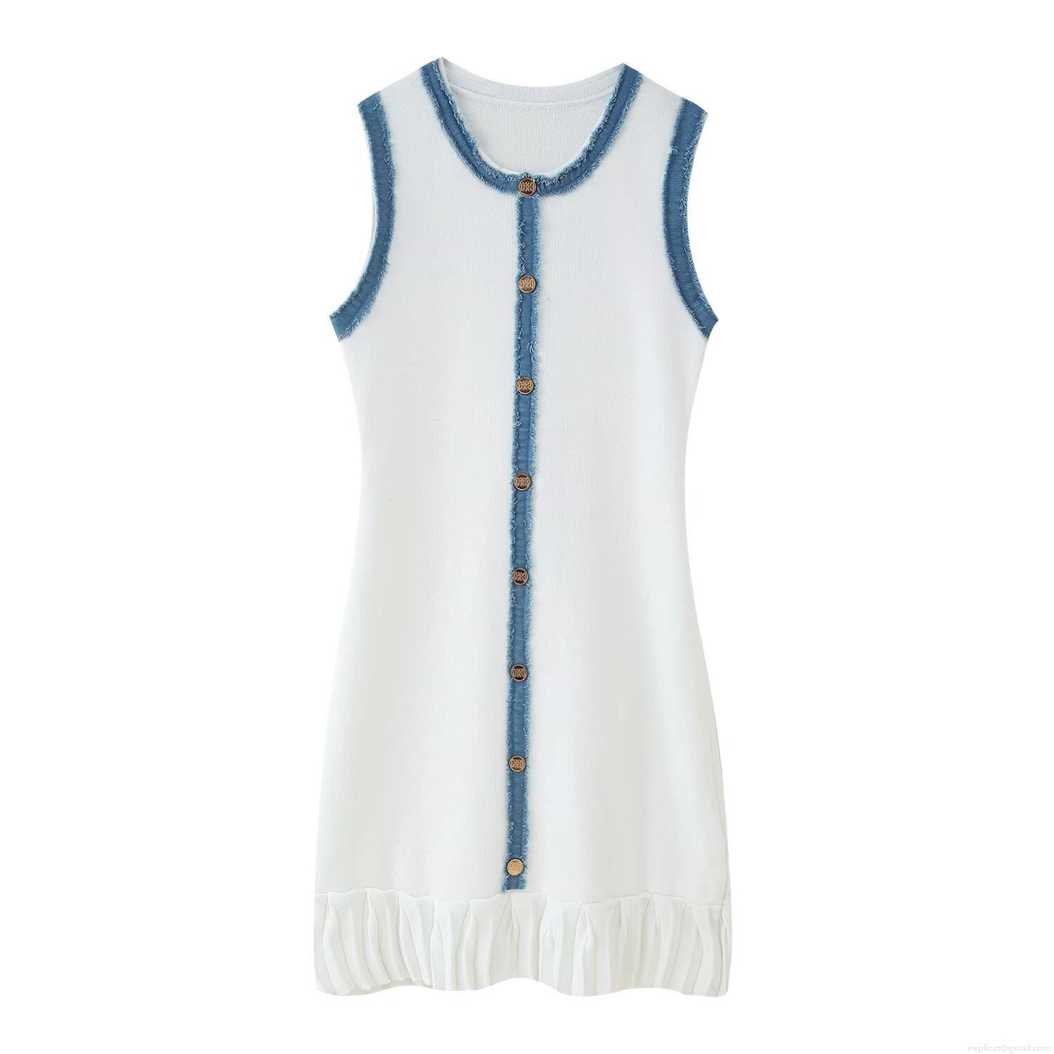 Women's Sleeveless Knitted Midi Dress Contrast Denim Frayed Trim Pleated Hem Retro Gold Buttons Round Neck Streetwear Slim Fit Summer Fashion Dress Women's Sleeveless Knitted Midi Dress Contrast Denim Frayed Trim Pleated Hem Retro Gold Buttons Round Neck Streetwear Slim Fit Summer Fashion Dress