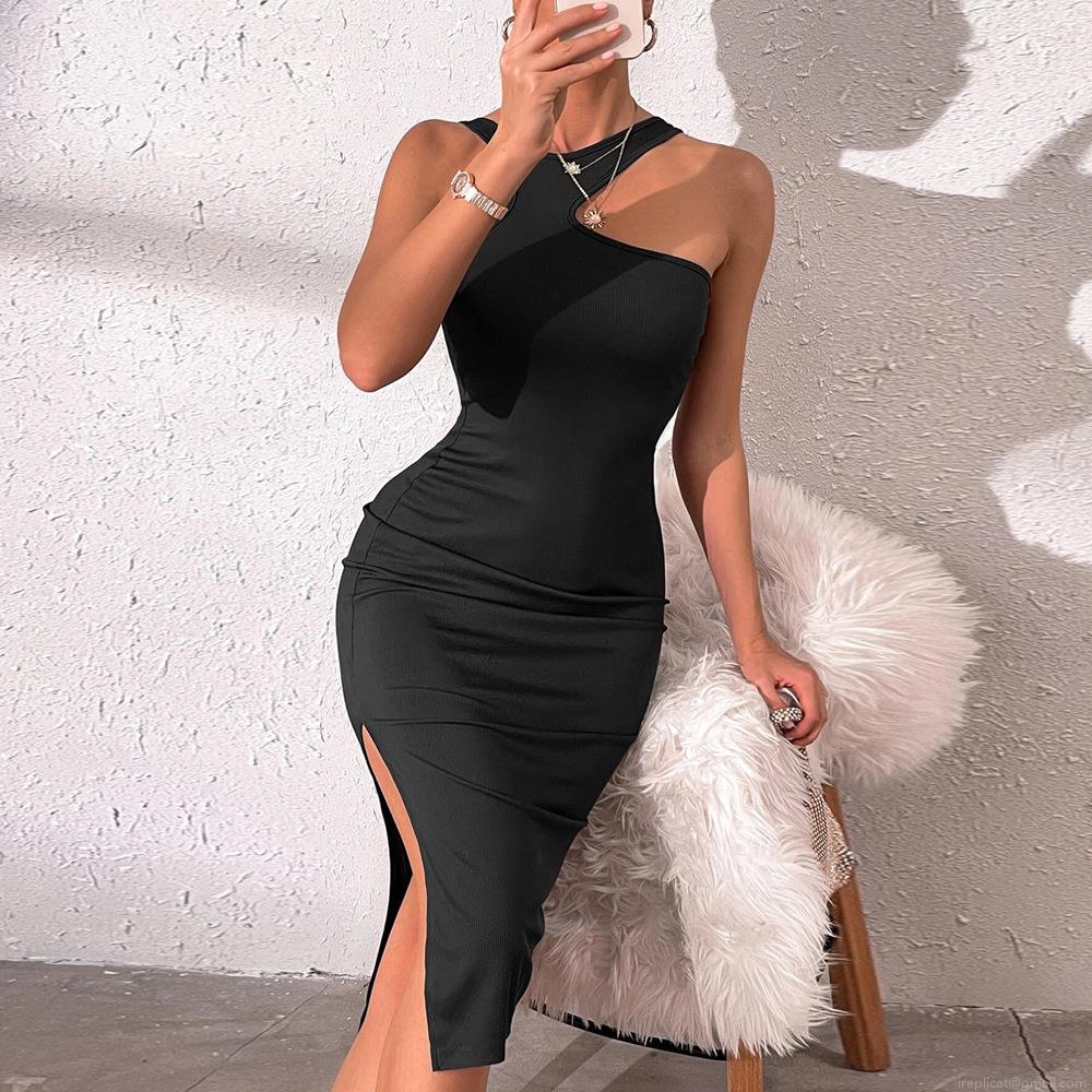 Women's Sexy Asymmetric Cutout One Shoulder Ribbed Knit Midi Dress High Slit Slim Fit High Waist Solid Black Bodycon Dress For Party Evening Clubwear Women's Sexy Asymmetric Cutout One Shoulder Ribbed Knit Midi Dress High Slit Slim Fit High Waist Solid Black Bodycon Dress For Party Evening Clubwear