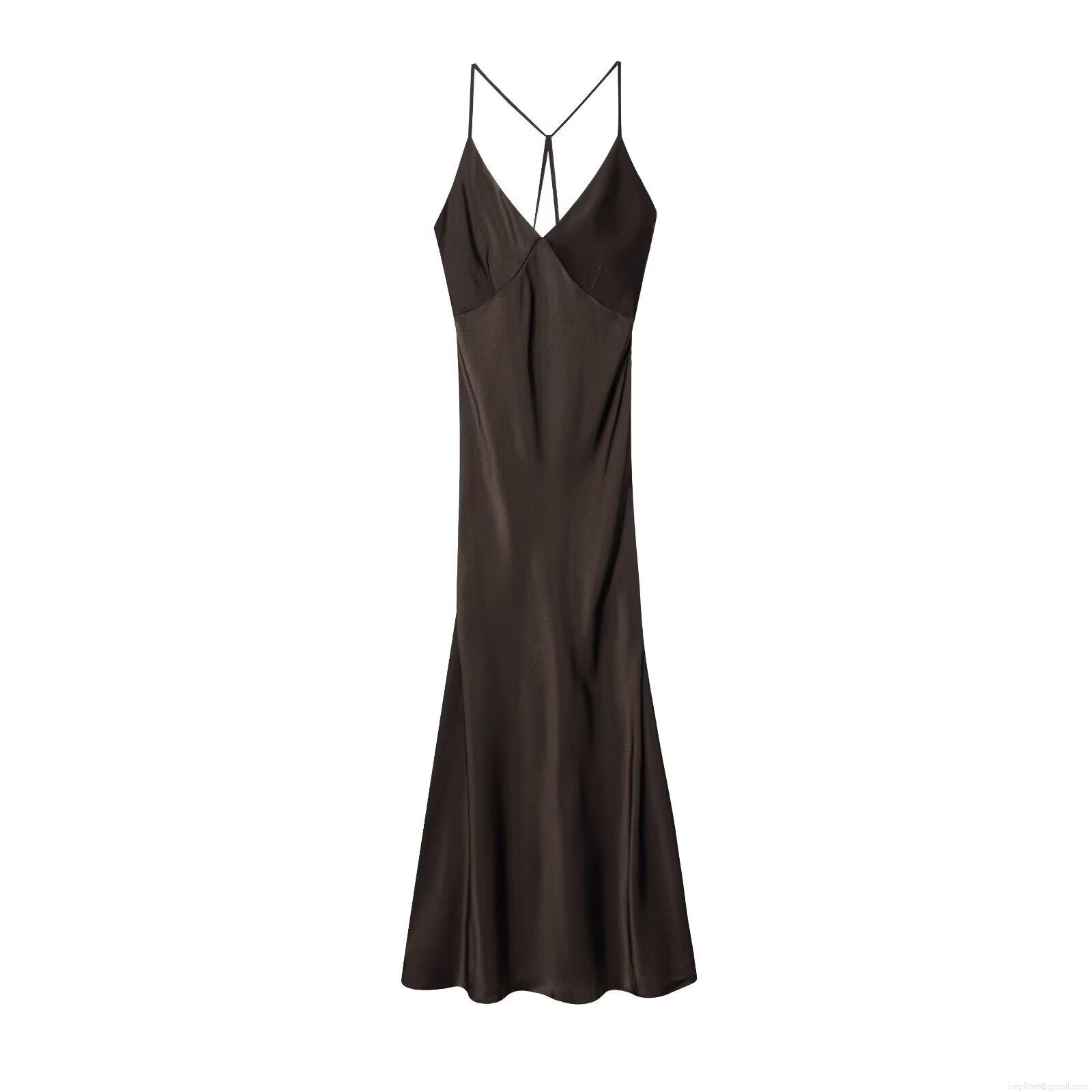 Women Sexy Backless Satin Midi Dress Deep V-Neck Cross Strappy Coffee Brown Sleeveless Bodycon Slip Dress For Party Date Night Summer Vacation
