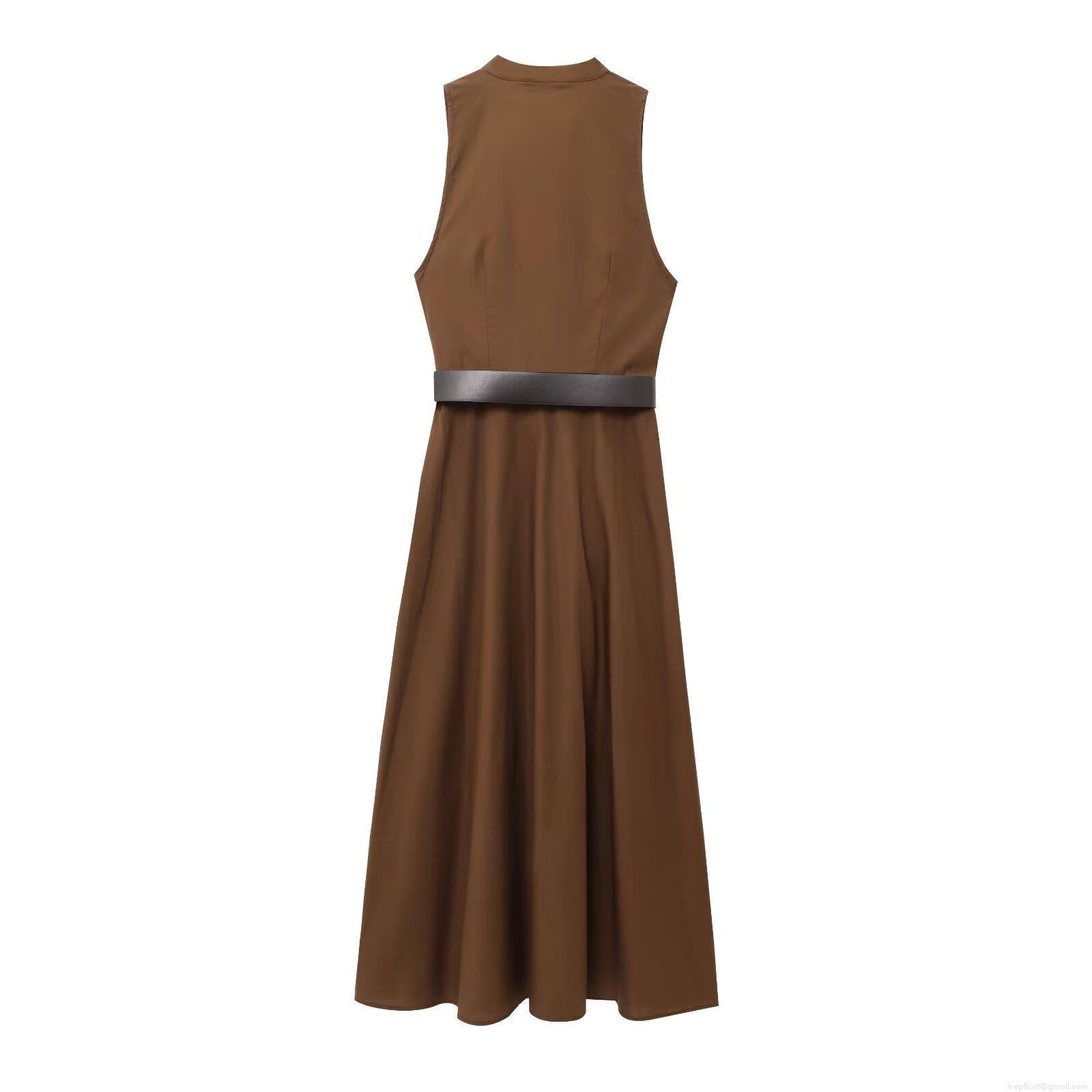 Women European Style V-Neck Sleeveless Button Front Midi Dress With Black Belt Solid Dark Brown Polyester Maxi Dress For Summer Casual Daily Party