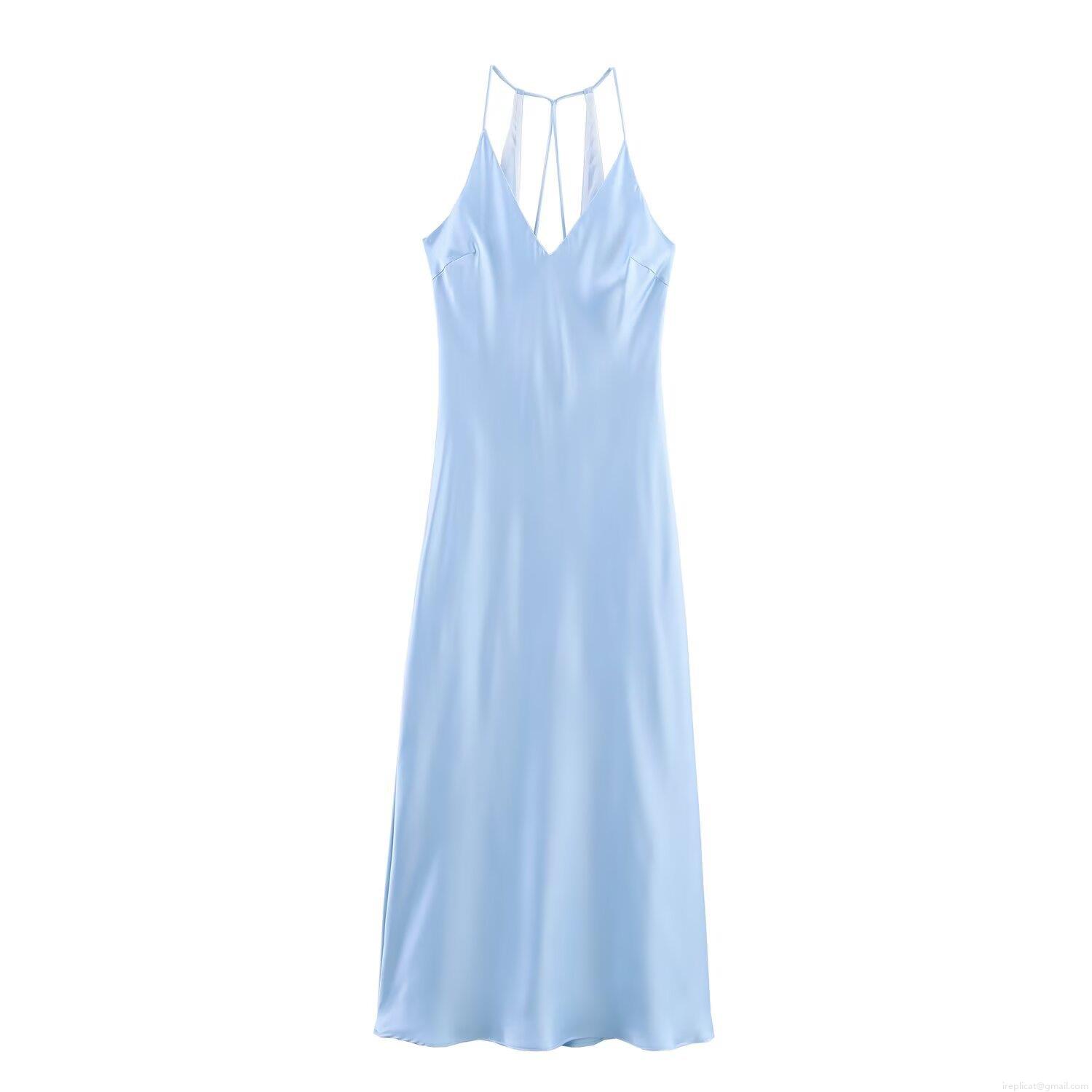 Women's Sexy Satin Texture Camisole Dress Backless V-Neck Criss-cross Mid-long Solid Light Blue Polyester Dress For Party Banquet Women's Sexy Satin Texture Camisole Dress Backless V-Neck Criss-cross Mid-long Solid Light Blue Polyester Dress For Party Banquet