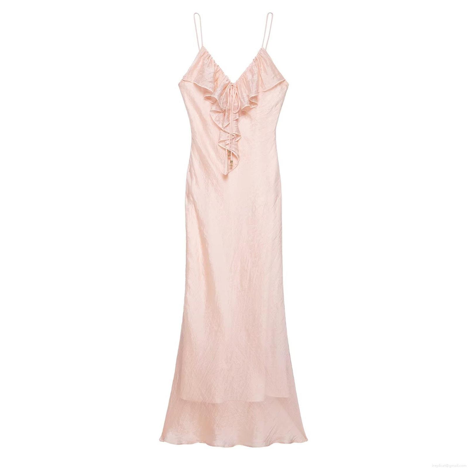 Women Sexy V Neck Slip Maxi Dress Ruffle Backless 100% Polyester Satin Texture Long Dress For Party Vacation Summer Solid Color Elegant Spaghetti Strap Sundress Women Sexy V Neck Slip Maxi Dress Ruffle Backless 100% Polyester Satin Texture Long Dress For Party Vacation Summer Solid Color Elegant Spaghetti Strap Sundress
