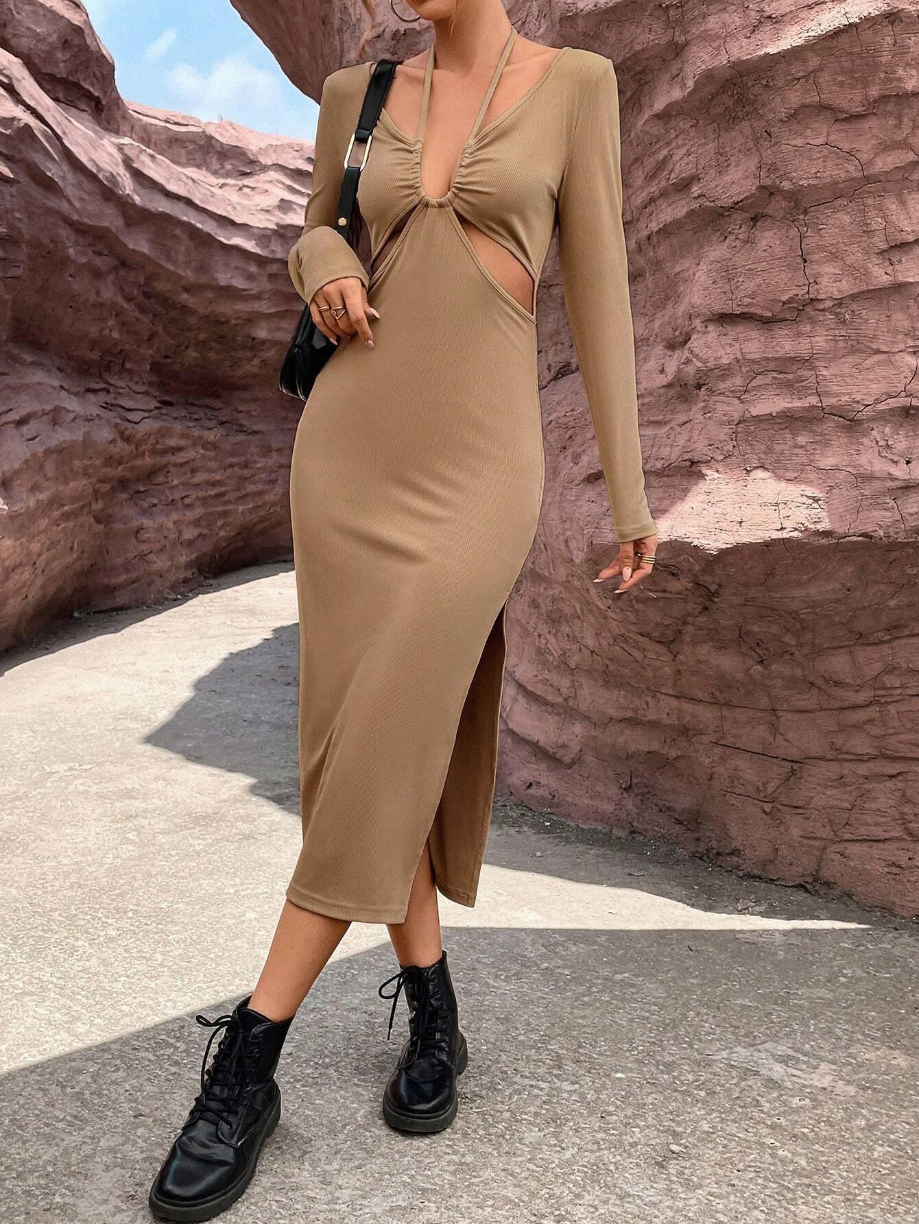 Women's Sexy Hollow Out Ribbed Knit Midi Dress Long Sleeve Halter V Neck Slim Fit Side Slit Bodycon Elegant Khaki Party Clubwear Dresses Women's Sexy Hollow Out Ribbed Knit Midi Dress Long Sleeve Halter V Neck Slim Fit Side Slit Bodycon Elegant Khaki Party Clubwear Dresses