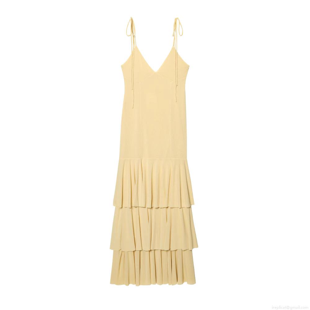 Women Tiered Midi Dress Backless Cami Dress V Neck Sleeveless Summer Vacation Sundress With Tie Straps Solid Color Polyester Ruffle Cake Dress Elegant Chic Streetwear