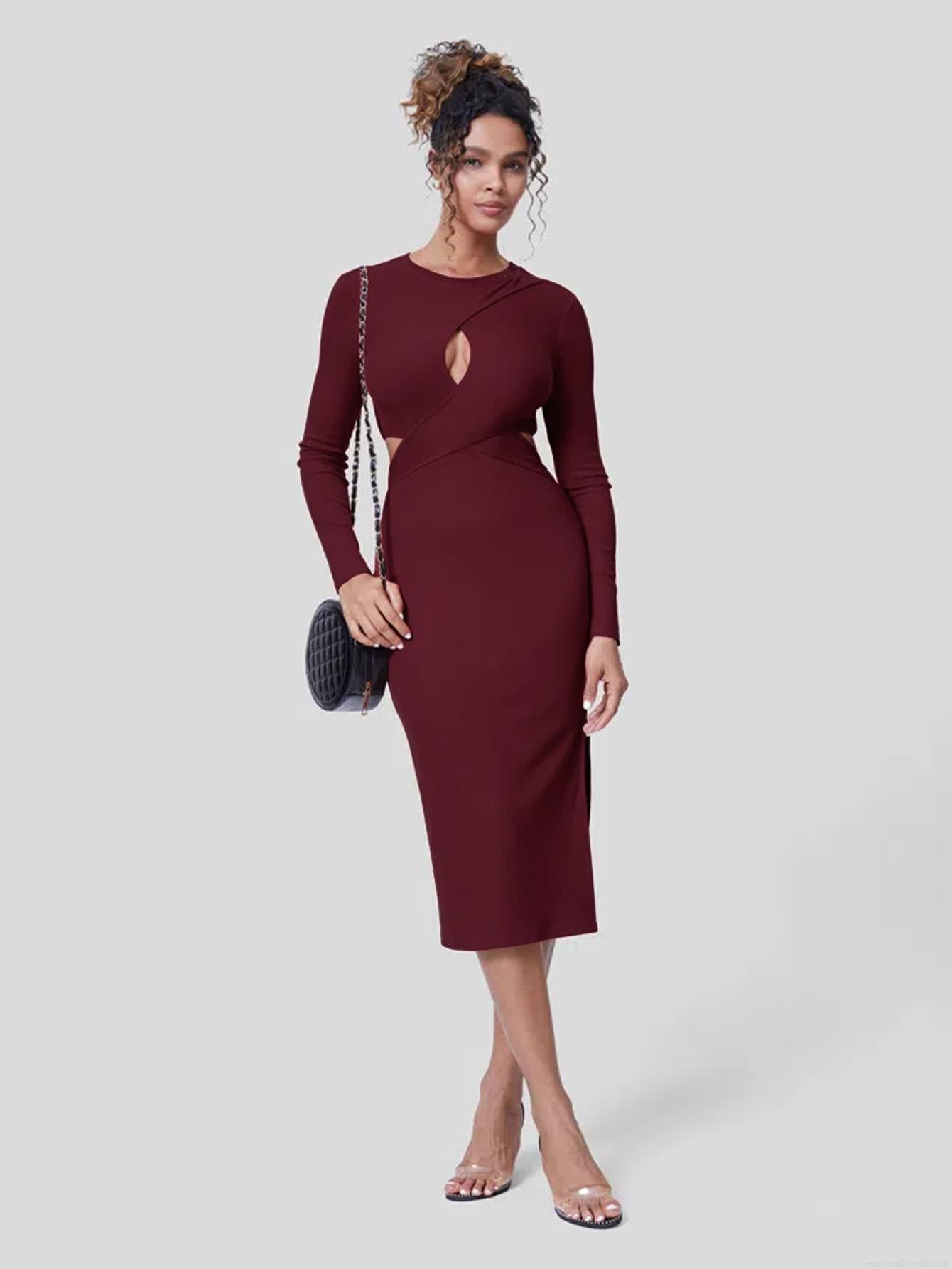 Sexy Wine Red Knit Hollow Out V Neck Midi Dress For Women Long Sleeve Side Split Bodycon Wrap Hip Slim Fit Party Clubwear Elegant Dress Sexy Wine Red Knit Hollow Out V Neck Midi Dress For Women Long Sleeve Side Split Bodycon Wrap Hip Slim Fit Party Clubwear Elegant Dress