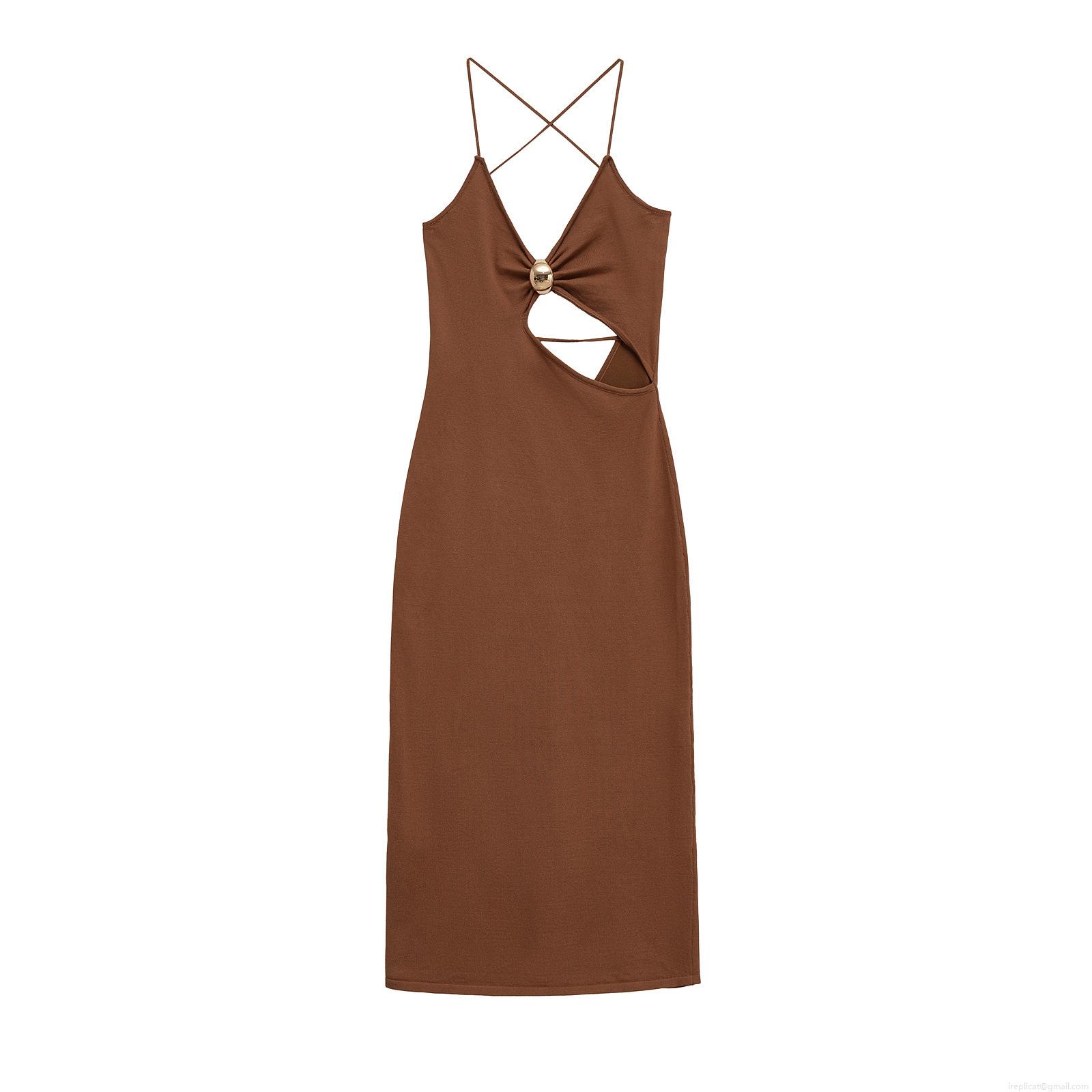 Women\'s Summer Knitted Camisole Midi Dress Sexy Hollow Out Backless Split Hem Mercerized Cotton Bodycon Party Dress With Gold Metal Ring Detail