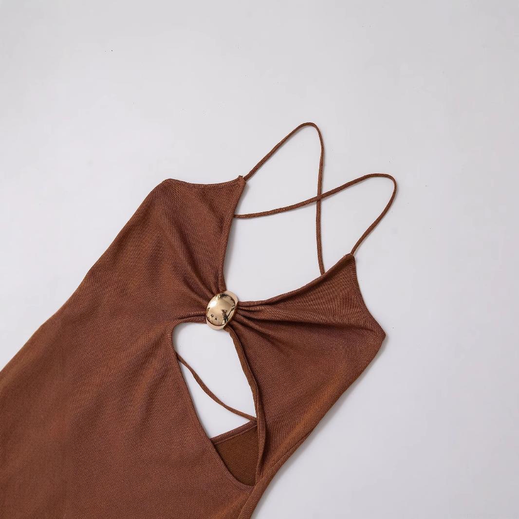 Women\'s Summer Knitted Camisole Midi Dress Sexy Hollow Out Backless Split Hem Mercerized Cotton Bodycon Party Dress With Gold Metal Ring Detail