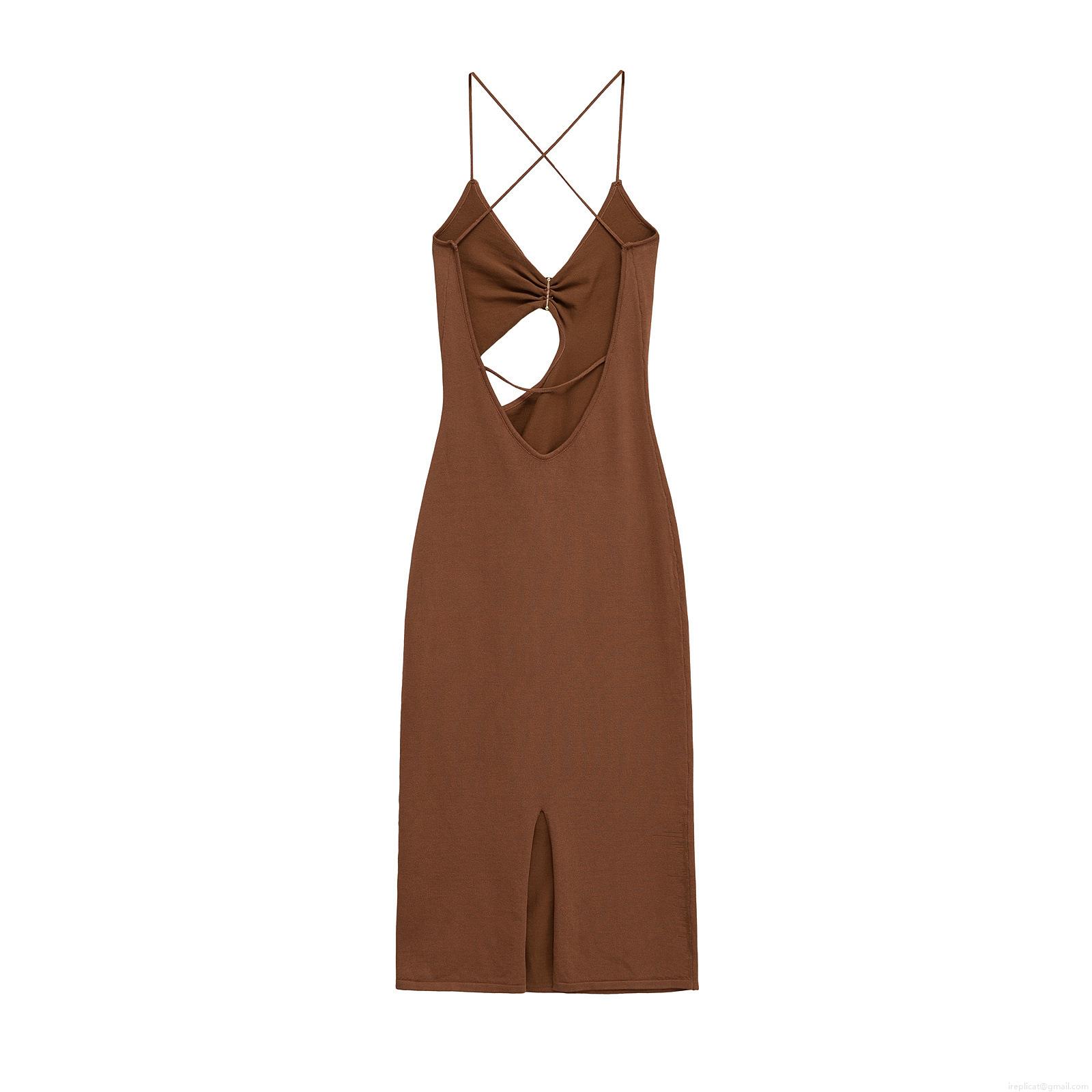 Women\'s Summer Knitted Camisole Midi Dress Sexy Hollow Out Backless Split Hem Mercerized Cotton Bodycon Party Dress With Gold Metal Ring Detail