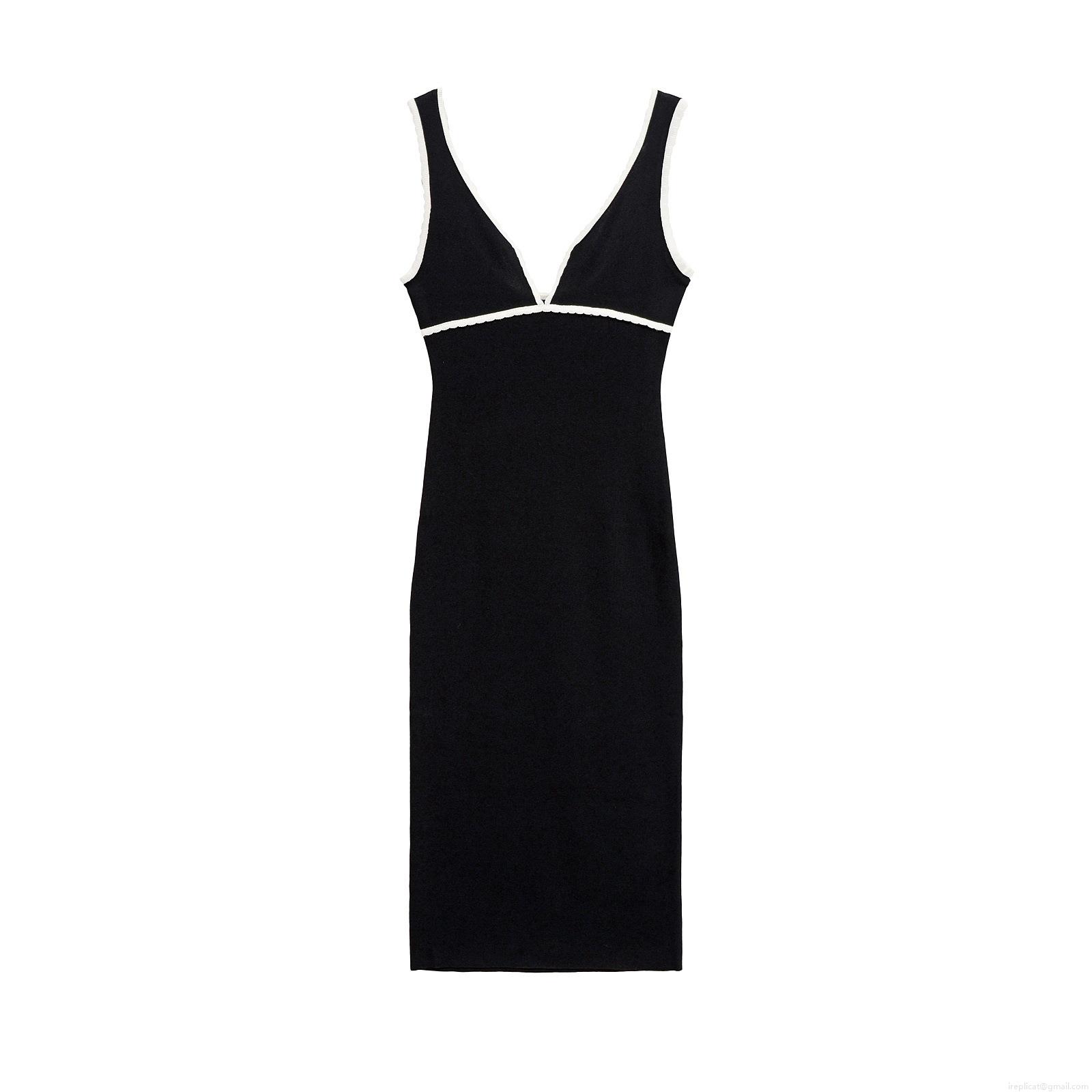 Women's Sexy V-Neck Sleeveless Ribbed Knit Midi Dress With Contrast White Wave Trim Mercerized Cotton Slim Fit Suspender Dress For Summer Street Style Party Dating Women's Sexy V-Neck Sleeveless Ribbed Knit Midi Dress With Contrast White Wave Trim Mercerized Cotton Slim Fit Suspender Dress For Summer Street Style Party Dating
