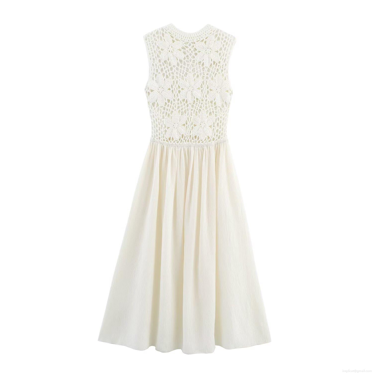 Women Summer White Sleeveless Hollow Out Embroidery Crochet Patchwork Midi Dress Elegant Round Neck Pleated Patchwork A-Line Dress For Vacation Beach Party Women Summer White Sleeveless Hollow Out Embroidery Crochet Patchwork Midi Dress Elegant Round Neck Pleated Patchwork A-Line Dress For Vacation Beach Party