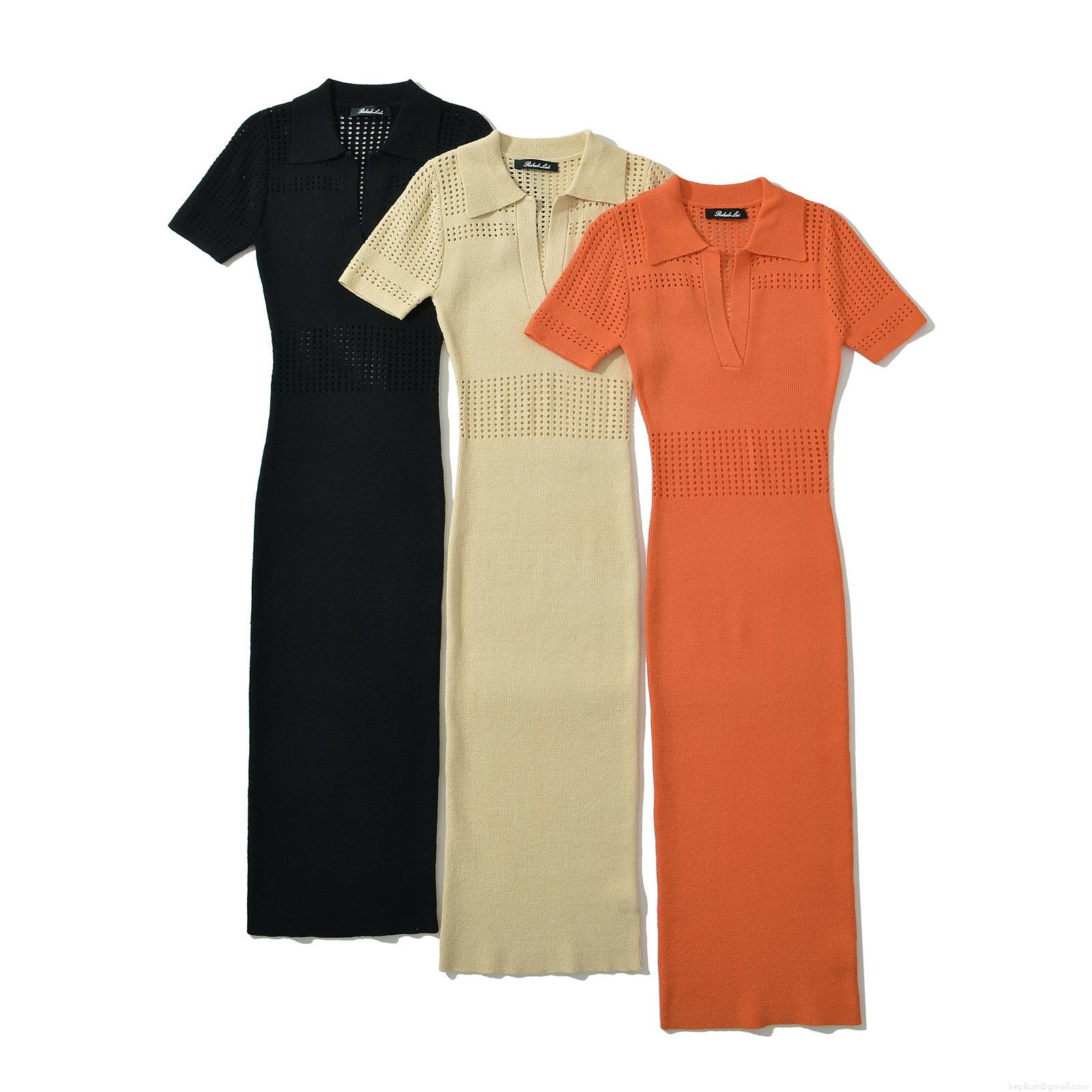 Women's Summer Knit Midi Dress Short Sleeve Polo Collar Hollow Out Bodycon Solid Color Streetwear Sexy Lapel Knit Dress Women's Summer Knit Midi Dress Short Sleeve Polo Collar Hollow Out Bodycon Solid Color Streetwear Sexy Lapel Knit Dress