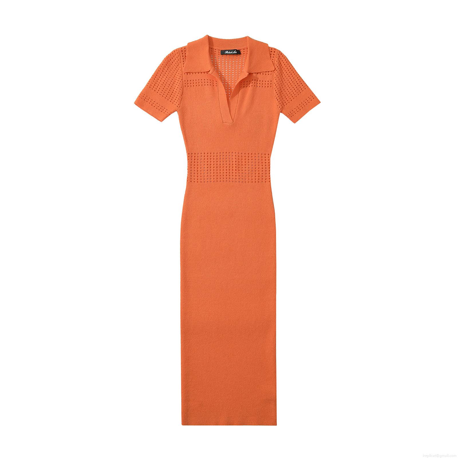 Women\'s Summer Knit Midi Dress Short Sleeve Polo Collar Hollow Out Bodycon Solid Color Streetwear Sexy Lapel Knit Dress