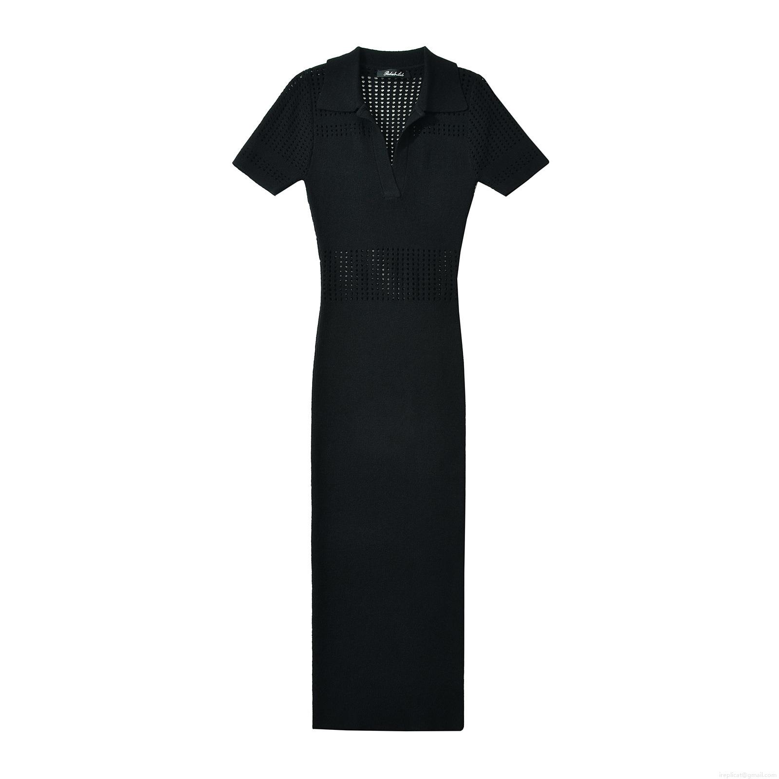 Women\'s Summer Knit Midi Dress Short Sleeve Polo Collar Hollow Out Bodycon Solid Color Streetwear Sexy Lapel Knit Dress