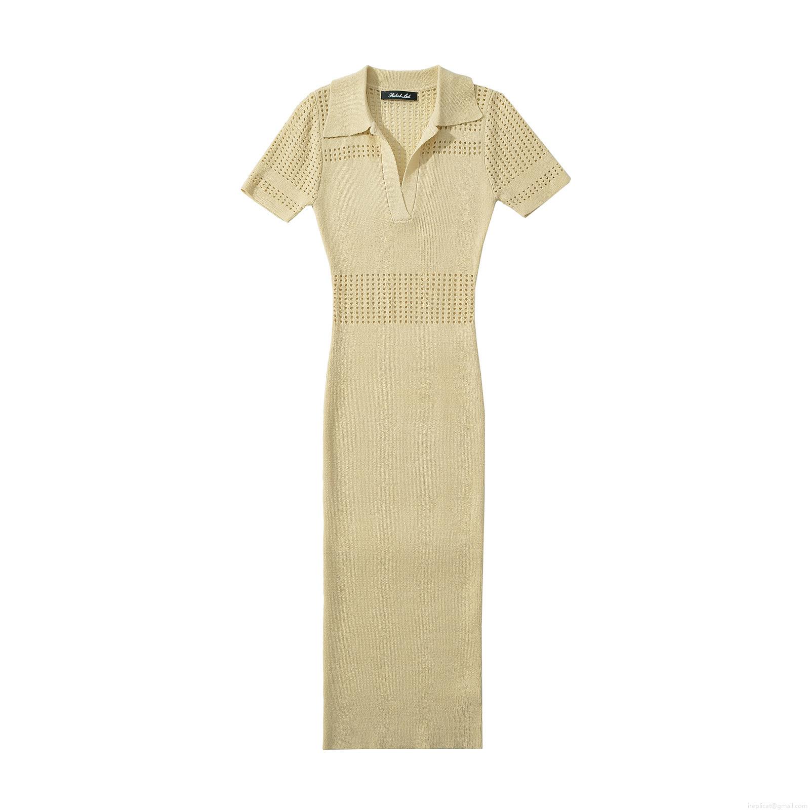 Women\'s Summer Knit Midi Dress Short Sleeve Polo Collar Hollow Out Bodycon Solid Color Streetwear Sexy Lapel Knit Dress