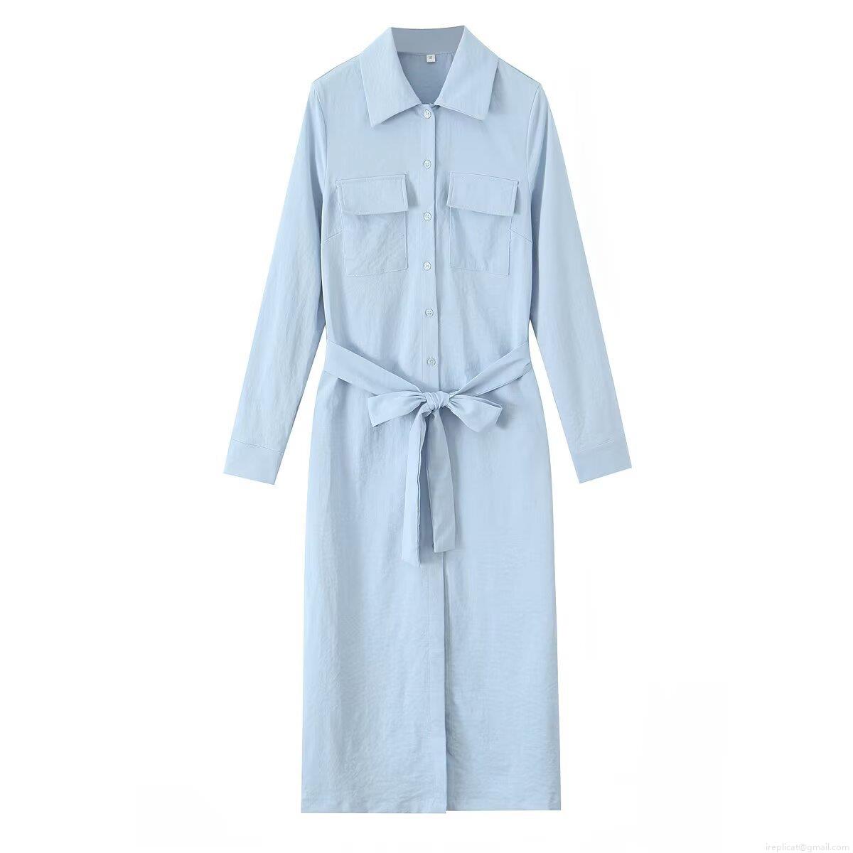 Women's Polyester Lapel Collar Shirt Dress With Belt Solid Color Long Sleeve Button Down Midi Dress Casual Streetwear Style For Lady Light Blue Dress Women's Polyester Lapel Collar Shirt Dress With Belt Solid Color Long Sleeve Button Down Midi Dress Casual Streetwear Style For Lady Light Blue Dress