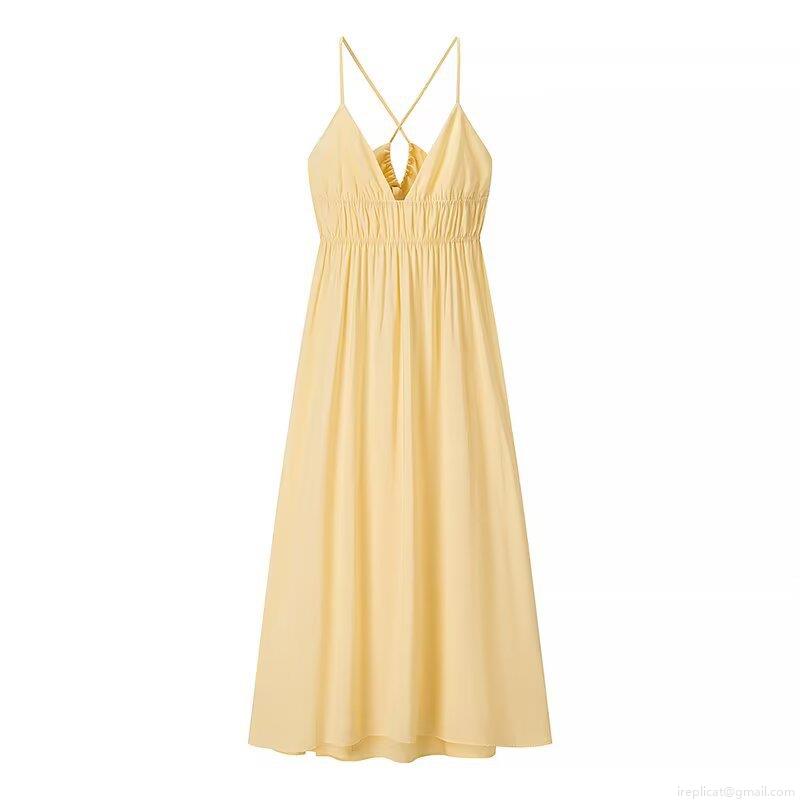 Women Summer Polyester V Neck Backless Midi Dress Sexy Cross Back Pleated Camisole Dress Sunflower Yellow Sleeveless Party Streetwear Vacation Dress Women Summer Polyester V Neck Backless Midi Dress Sexy Cross Back Pleated Camisole Dress Sunflower Yellow Sleeveless Party Streetwear Vacation Dress
