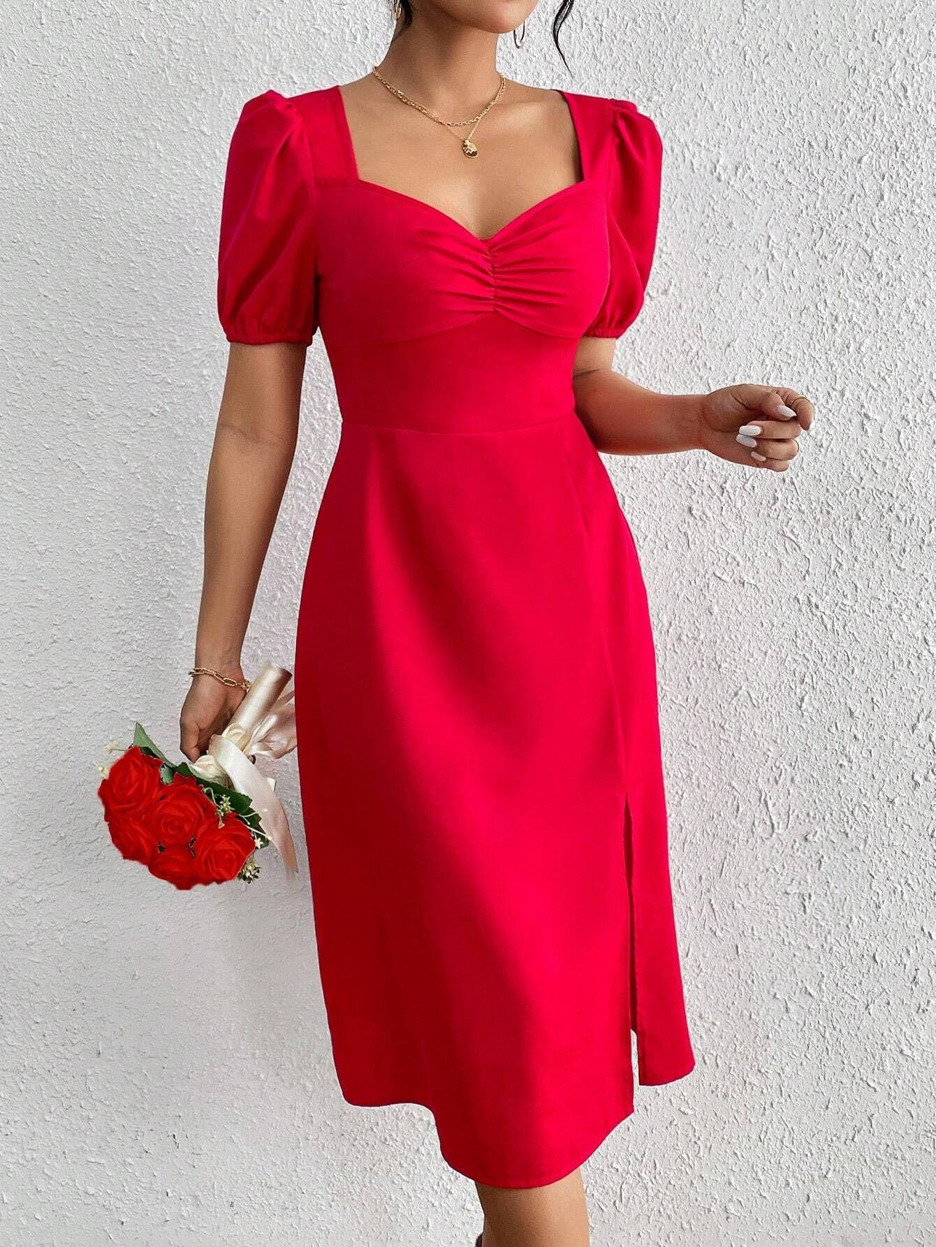 Women's French Vintage Red Puff Sleeve Midi Dress Elegant Square Neck Pleated Bust Side Slit Slim Fit A-Line 100% Polyester Dress For Valentine's Day Wedding Party Dating Women's French Vintage Red Puff Sleeve Midi Dress Elegant Square Neck Pleated Bust Side Slit Slim Fit A-Line 100% Polyester Dress For Valentine's Day Wedding Party Dating