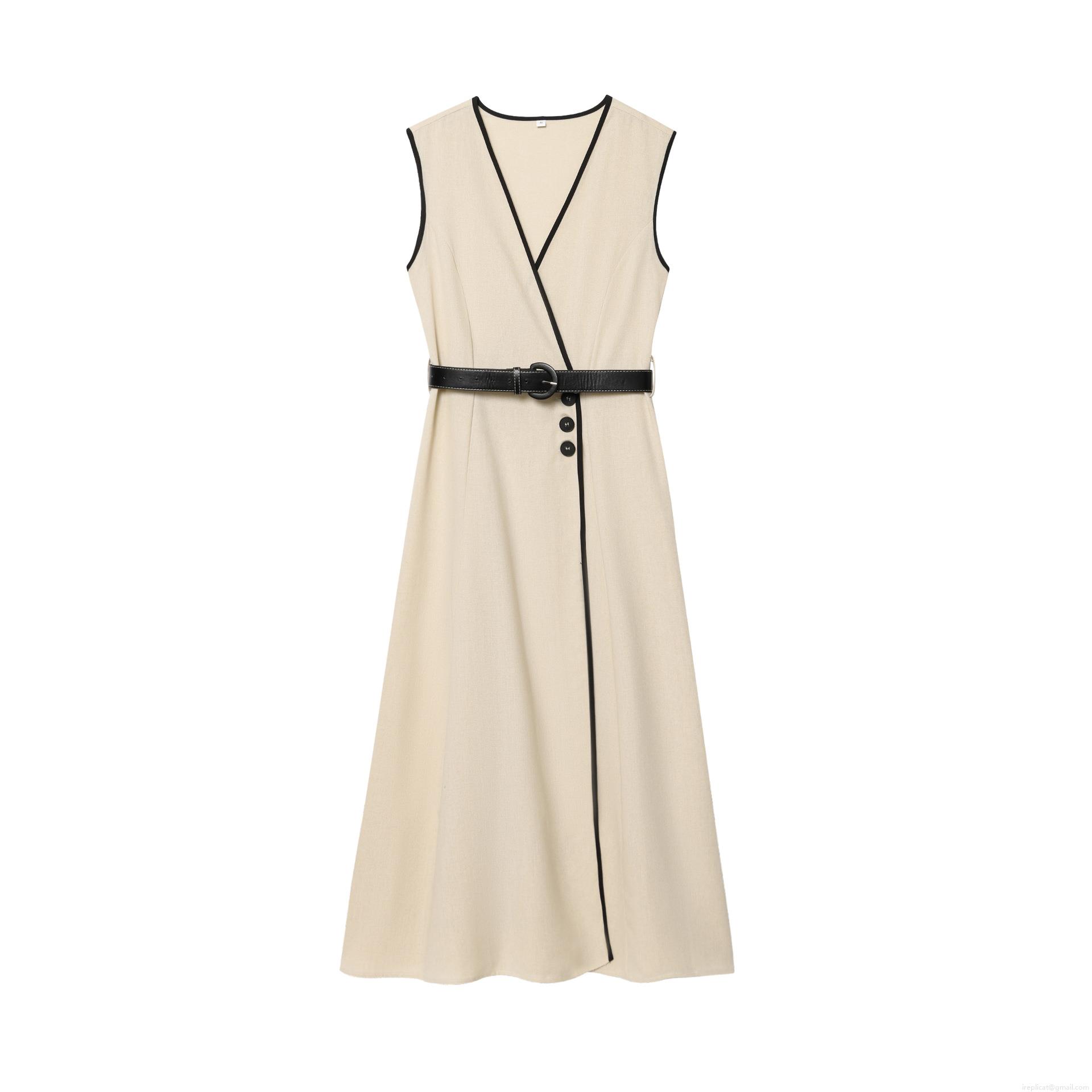 Women's V-Neck Sleeveless Midi Dress Polyester Contrast Trim Belted Tank Dress Summer Casual Street Style A-Line Sundress for Women Beige Women's V-Neck Sleeveless Midi Dress Polyester Contrast Trim Belted Tank Dress Summer Casual Street Style A-Line Sundress for Women Beige