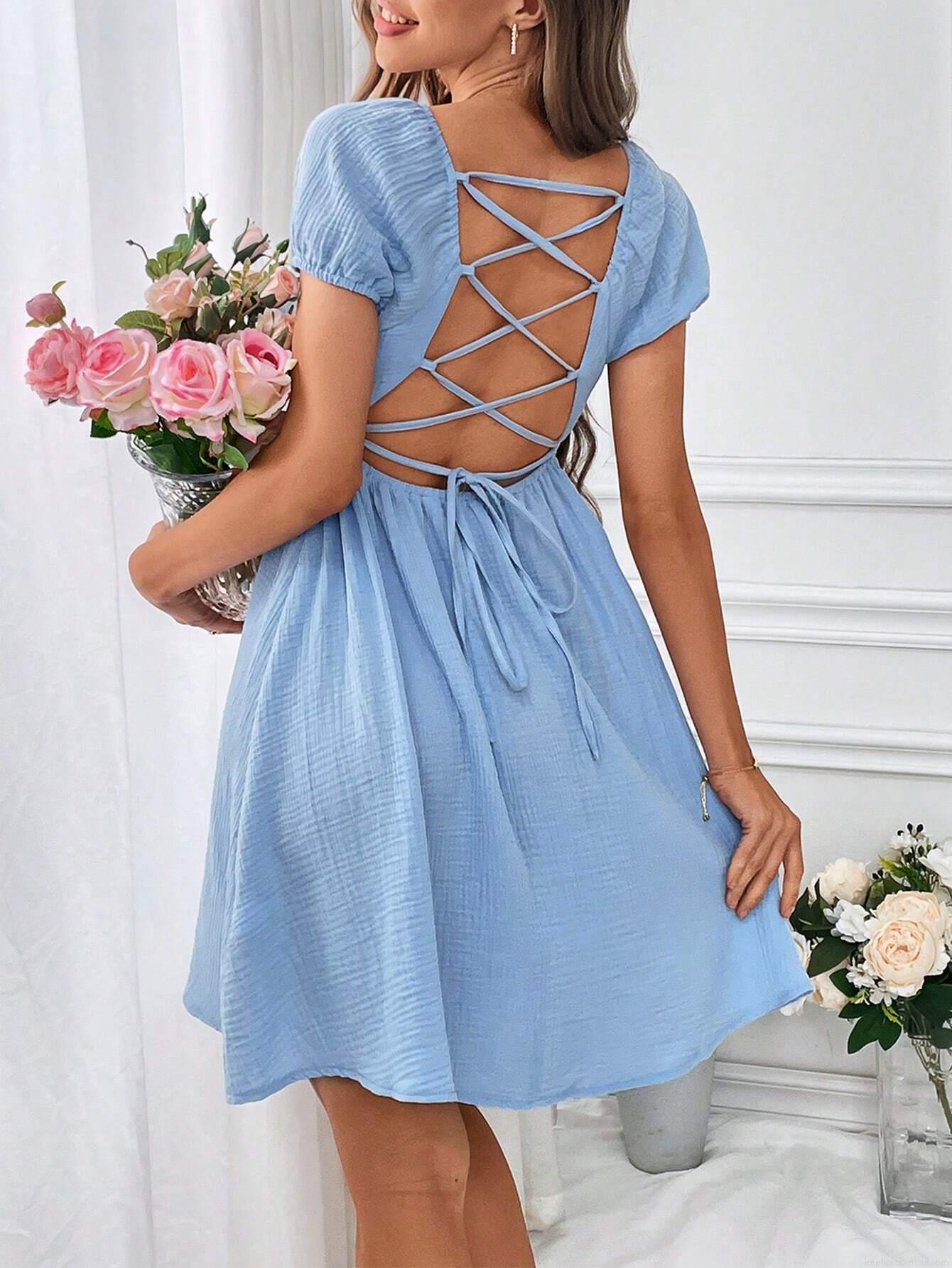 Women French Elegant Backless Square Neck Puff Sleeve Dress 100% Cotton Crinkle Textured High Waist A-Line Midi Dress Summer Vacation Casual Party Women French Elegant Backless Square Neck Puff Sleeve Dress 100% Cotton Crinkle Textured High Waist A-Line Midi Dress Summer Vacation Casual Party