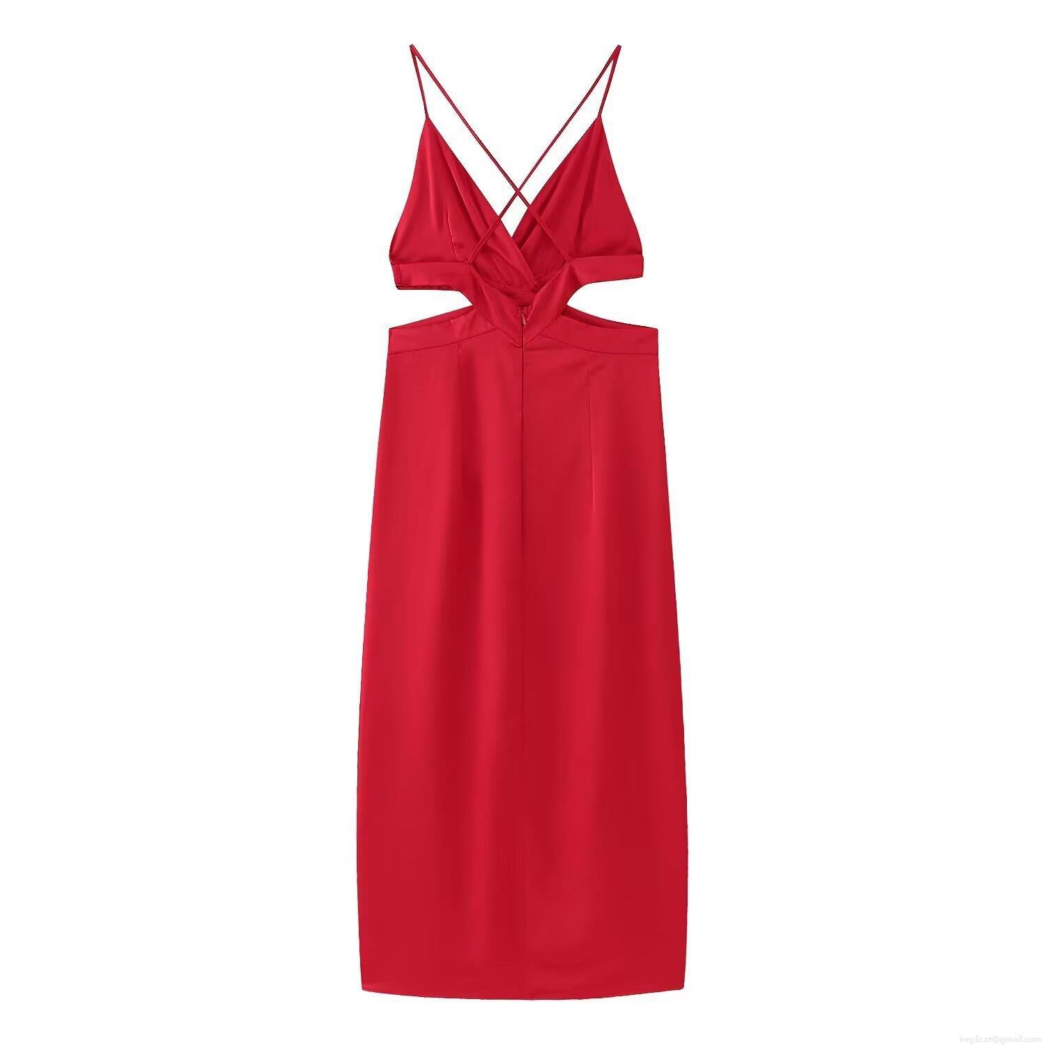 Women's Sexy Red Backless Hollow Out Cami Midi Dress Cross Strap Cutout Side Slit Satin Polyester Dress For Party Club Night Out Summer Streetwear Women's Sexy Red Backless Hollow Out Cami Midi Dress Cross Strap Cutout Side Slit Satin Polyester Dress For Party Club Night Out Summer Streetwear