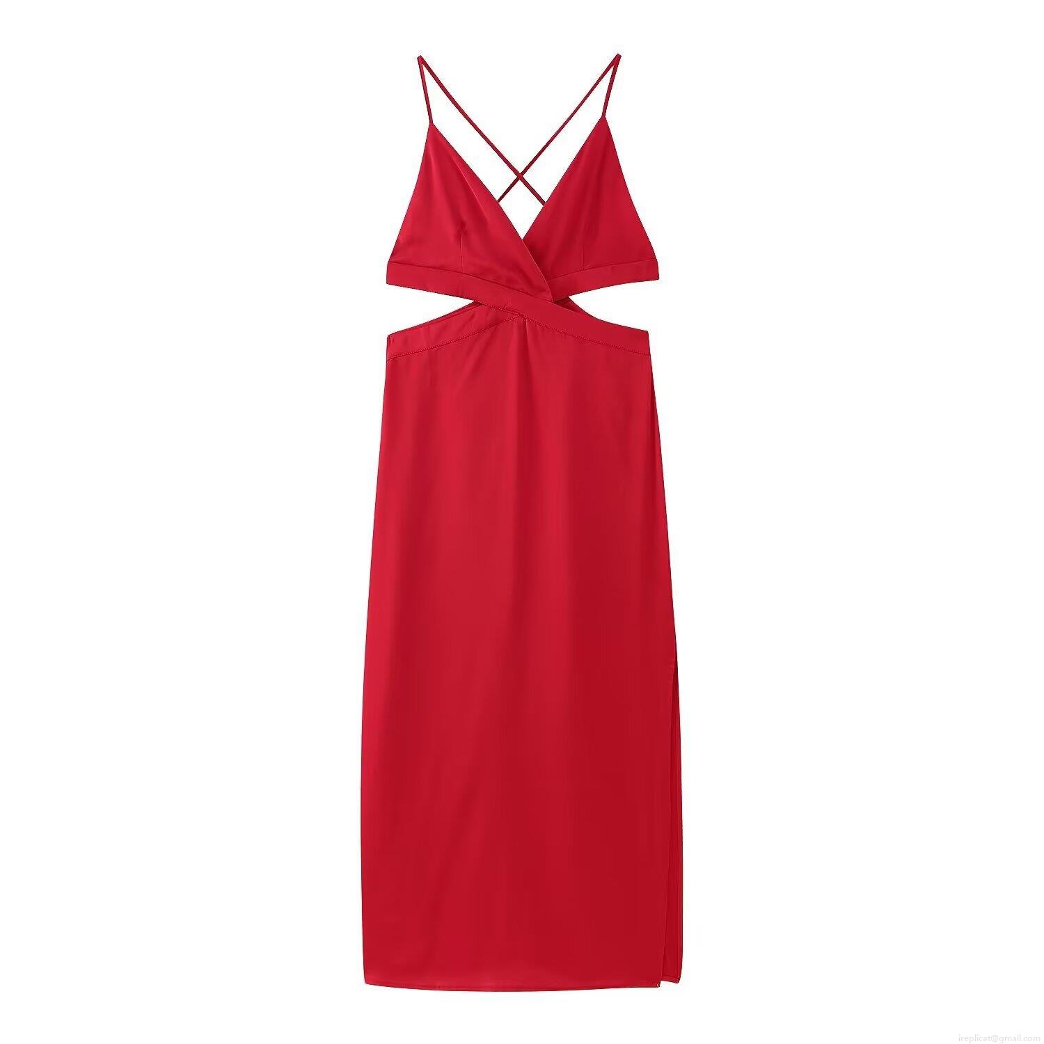 Women\'s Sexy Red Backless Hollow Out Cami Midi Dress Cross Strap Cutout Side Slit Satin Polyester Dress For Party Club Night Out Summer Streetwear