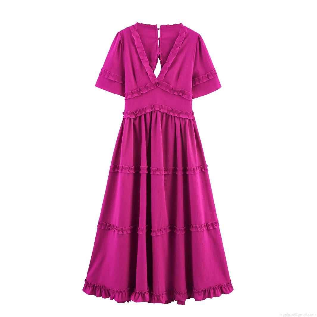 Women's V-Neck Ruffle Tiered Midi Dress 100% Polyester Backless Layered Cake Skirt Fuchsia Summer Vacation Streetwear Party Dress For Women Women's V-Neck Ruffle Tiered Midi Dress 100% Polyester Backless Layered Cake Skirt Fuchsia Summer Vacation Streetwear Party Dress For Women