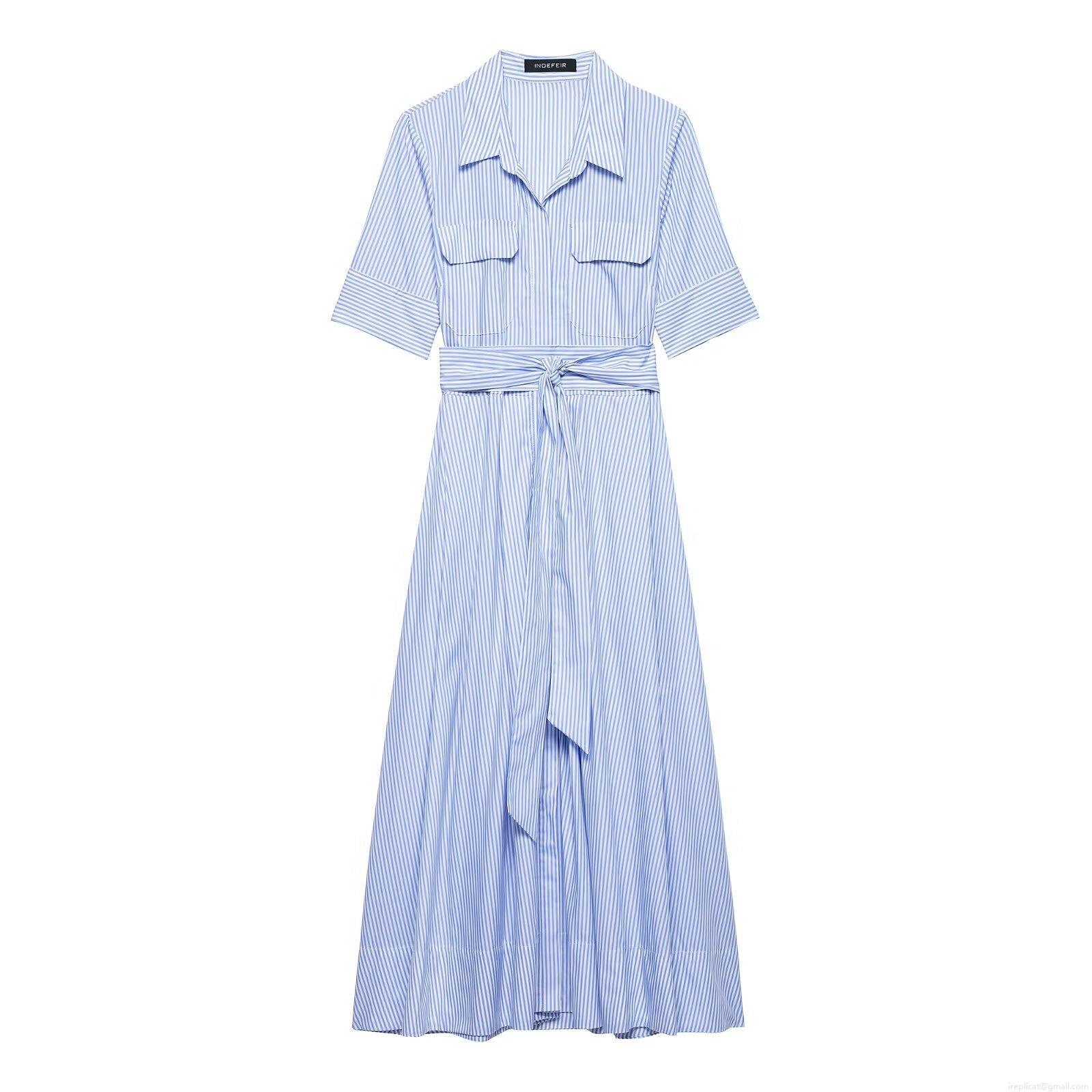 Women's Western Style Blue Striped Shirt Dress Lapel Short Sleeve Midi Polyester Dress With Belt For Daily Office Casual Elegant Clothing Women's Western Style Blue Striped Shirt Dress Lapel Short Sleeve Midi Polyester Dress With Belt For Daily Office Casual Elegant Clothing