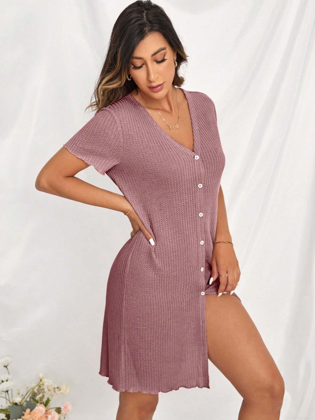 Women's Waffle Knit Loungewear Dress V-Neck Short Sleeve Button Down Nightgown Summer Loose Casual Solid Color Midi Sleepwear Dress Women's Waffle Knit Loungewear Dress V-Neck Short Sleeve Button Down Nightgown Summer Loose Casual Solid Color Midi Sleepwear Dress