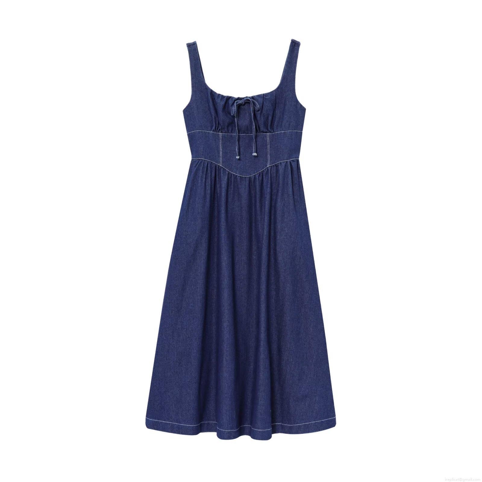 Women's Denim Midi Dress Spaghetti Strap Square Neck Lace Up Front Smocked Back Contrast Stitching Casual Streetwear Summer Navy Blue Fashion Dress Women's Denim Midi Dress Spaghetti Strap Square Neck Lace Up Front Smocked Back Contrast Stitching Casual Streetwear Summer Navy Blue Fashion Dress