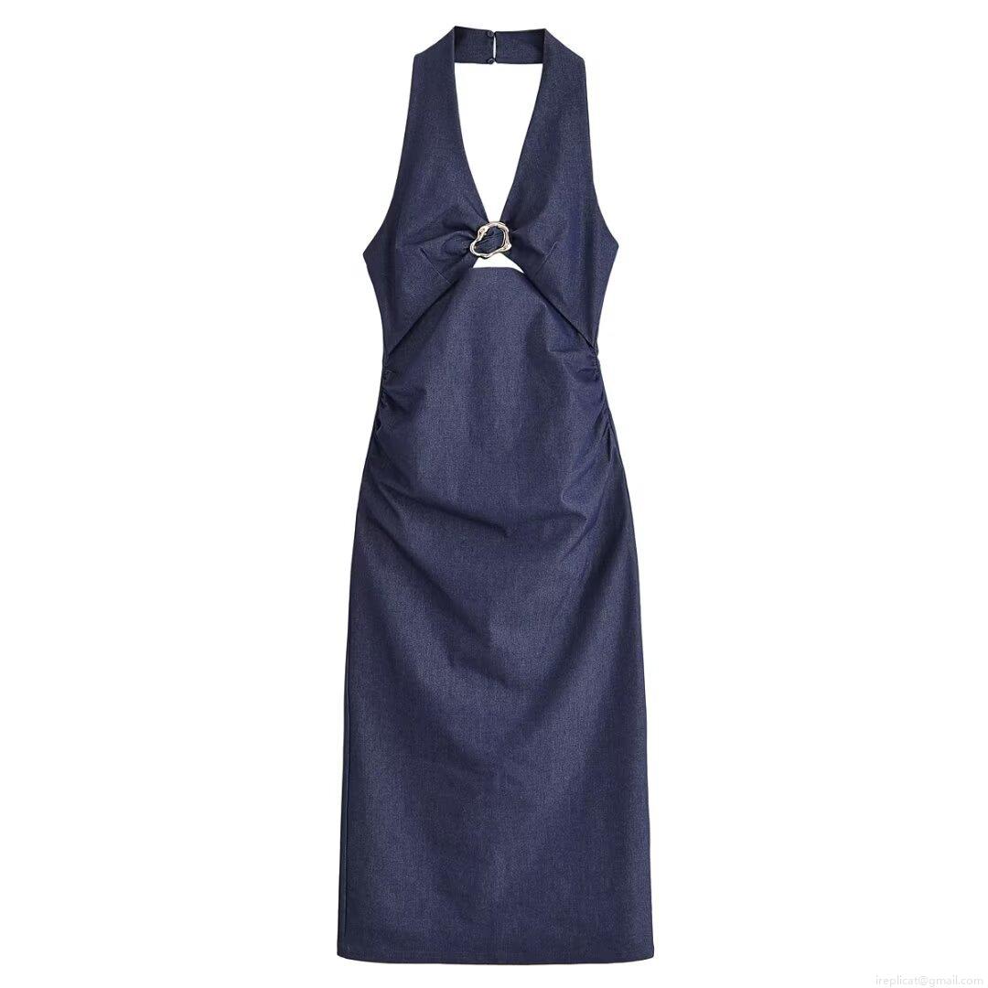 Women Halter Neck Backless Midi Dress Denim Texture Polyester With Irregular Metal Ring Buckle Sexy Slit Hem Party Dress Summer Streetwear Women Halter Neck Backless Midi Dress Denim Texture Polyester With Irregular Metal Ring Buckle Sexy Slit Hem Party Dress Summer Streetwear