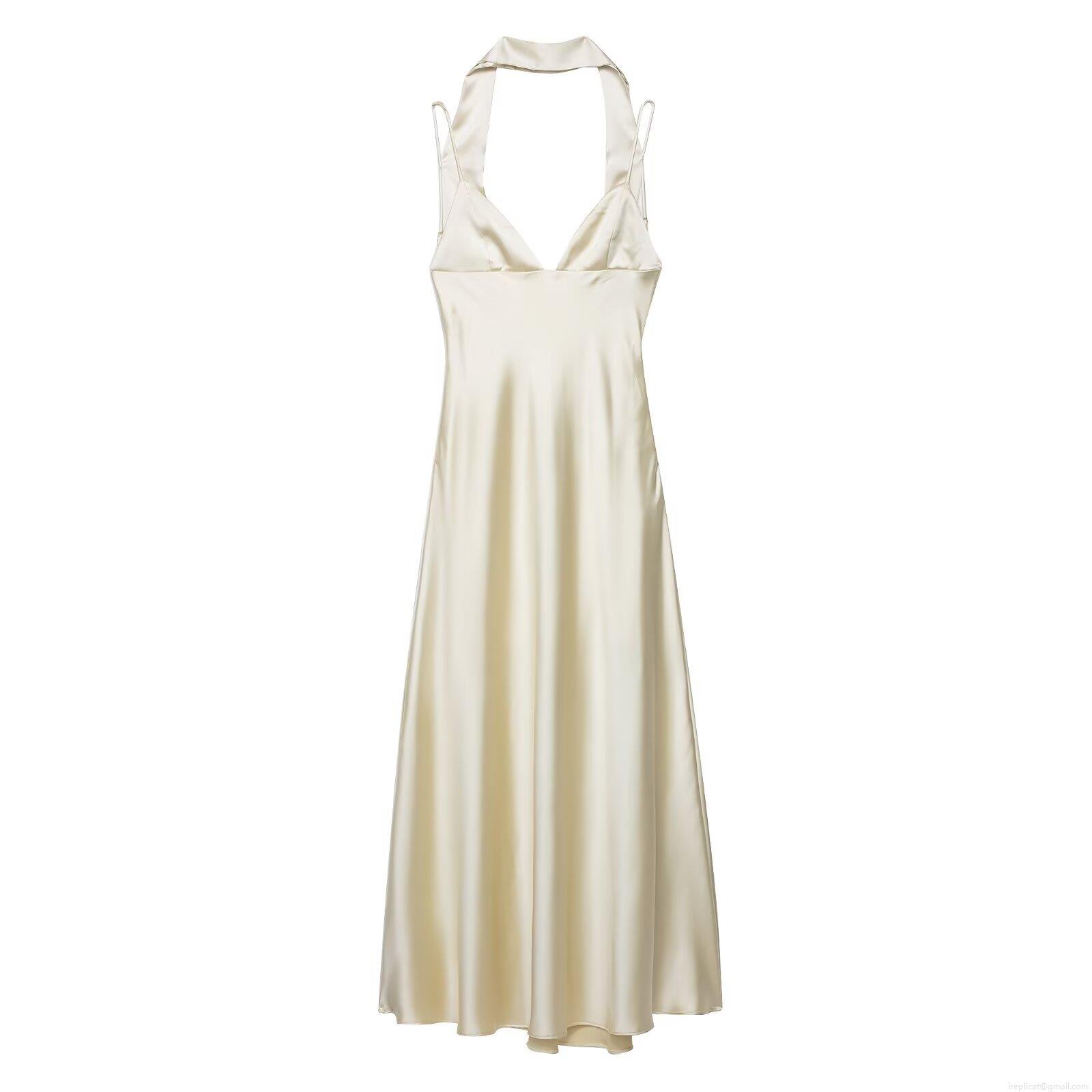 Women Elegant Satin Halter Backless Midi Dress Sexy Scarf Neck Tie-up Party Evening Clubwear Solid Champagne Sleeveless Bodycon Dresses Women Elegant Satin Halter Backless Midi Dress Sexy Scarf Neck Tie-up Party Evening Clubwear Solid Champagne Sleeveless Bodycon Dresses