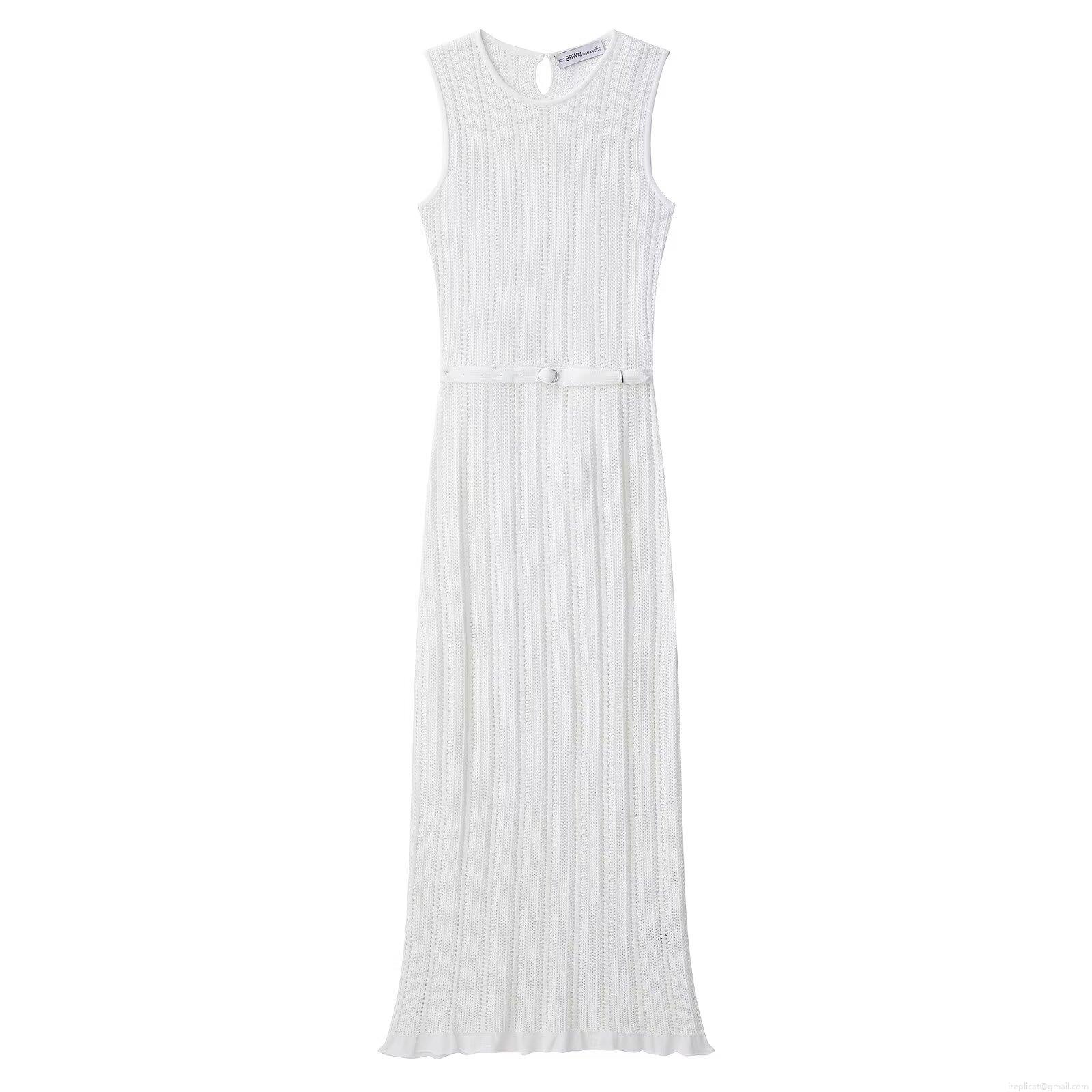 Women's Summer Elegant Knitted Sleeveless Midi Dress With Belt Round Neck Solid Color Minimalist Streetwear White Polyester Long Dress Women's Summer Elegant Knitted Sleeveless Midi Dress With Belt Round Neck Solid Color Minimalist Streetwear White Polyester Long Dress