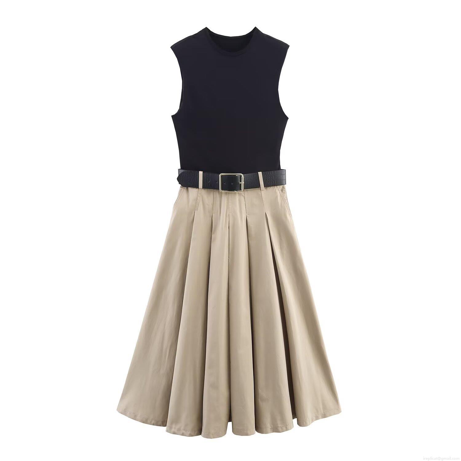 Women's Summer Sleeveless Round Neck Patchwork Midi Dress With Belt Shoulder Pad Solid Black Khaki Pleated Dress Elegant Casual Streetwear Office Lady Dress Women's Summer Sleeveless Round Neck Patchwork Midi Dress With Belt Shoulder Pad Solid Black Khaki Pleated Dress Elegant Casual Streetwear Office Lady Dress
