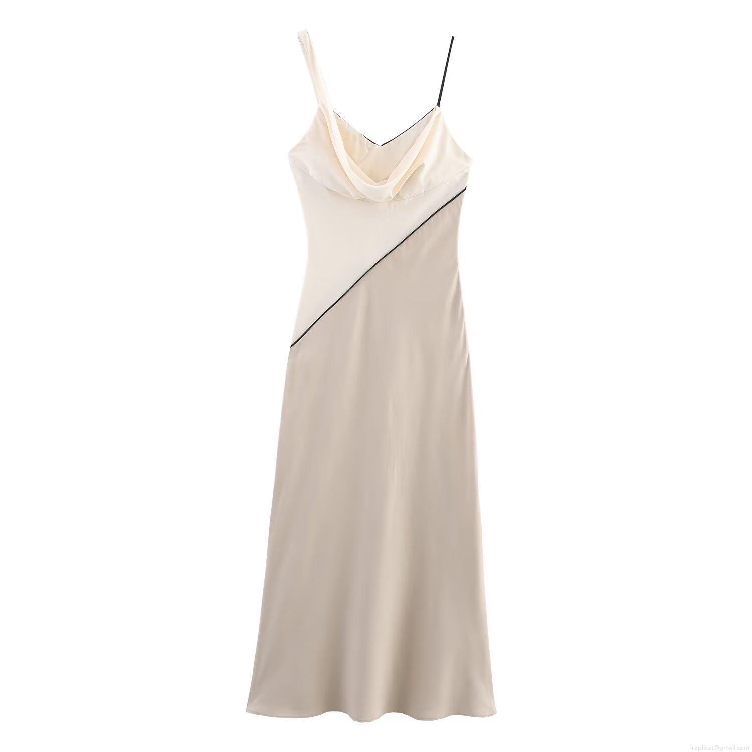 Women's Sexy Cowl Neck Spliced Midi Dress Asymmetric Straps Satin Texture Sleeveless Polyester Dress For Summer Street Style Party Vacation Ivory White Women's Sexy Cowl Neck Spliced Midi Dress Asymmetric Straps Satin Texture Sleeveless Polyester Dress For Summer Street Style Party Vacation Ivory White