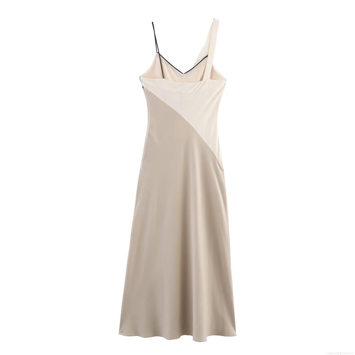 Women\'s Sexy Cowl Neck Spliced Midi Dress Asymmetric Straps Satin Texture Sleeveless Polyester Dress For Summer Street Style Party Vacation Ivory White
