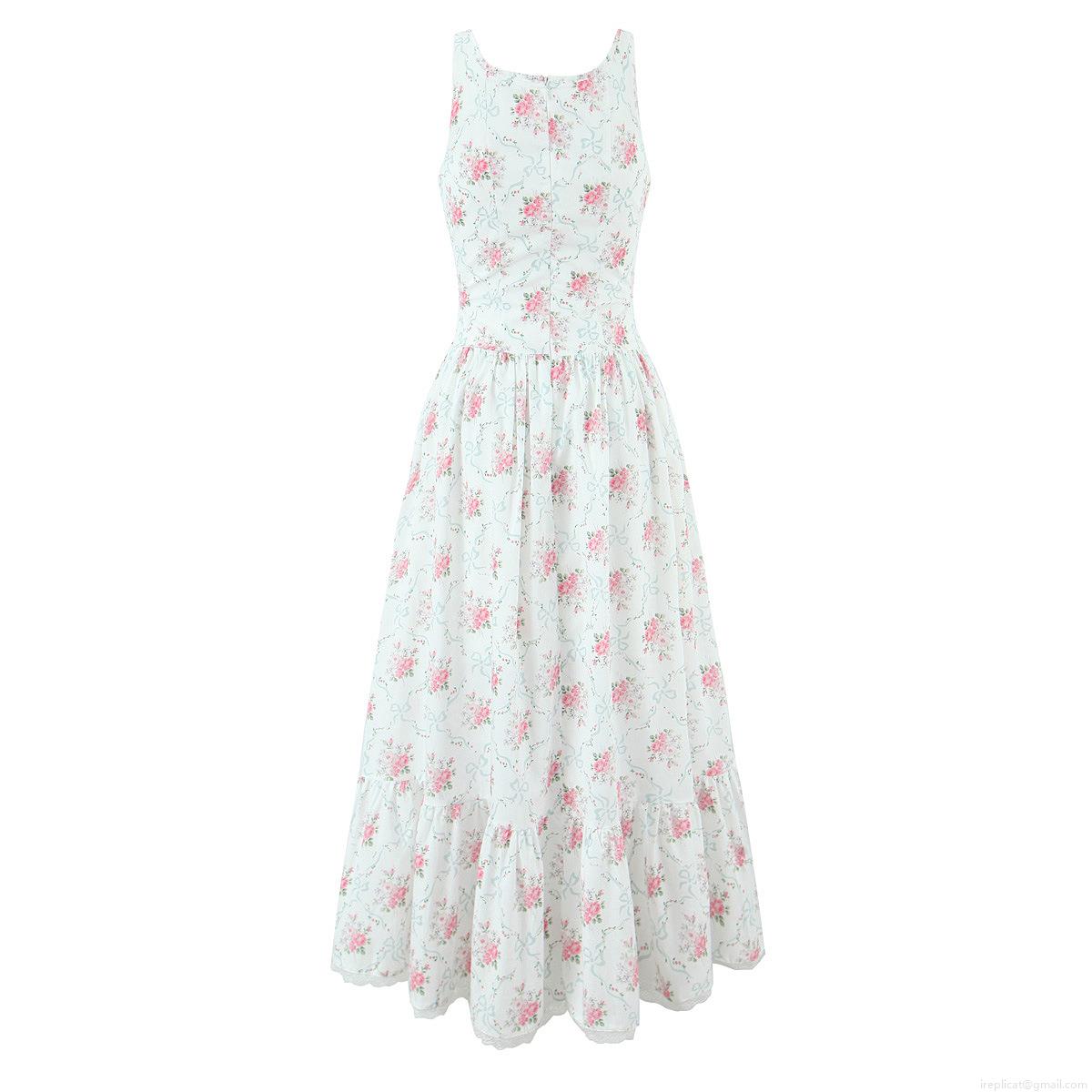 Women\'s Summer Vintage Floral Print Sleeveless Maxi Dress Elegant Round Neck Lace Hem Tiered Cake Dress with Side Tie Waist for Beach Vacation