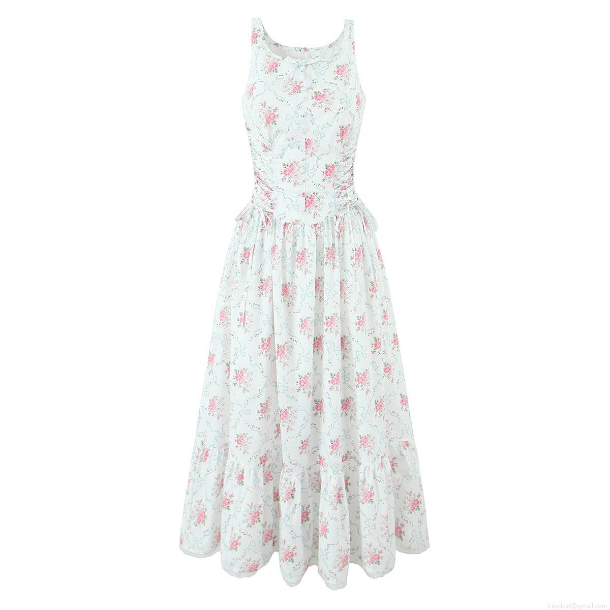 Women\'s Summer Vintage Floral Print Sleeveless Maxi Dress Elegant Round Neck Lace Hem Tiered Cake Dress with Side Tie Waist for Beach Vacation