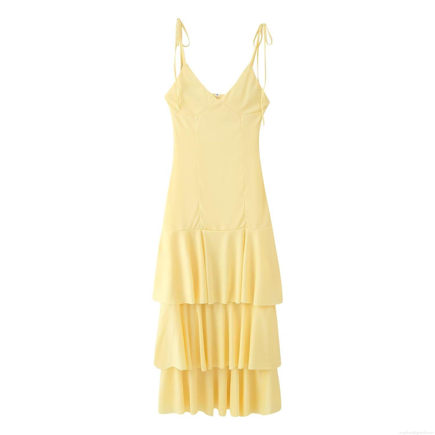 Women's Summer V-Neck Spaghetti Strap Tiered Maxi Dress Solid Yellow Ruffle Hem Tie-up Sleeveless Boho Sun Dress For Vacation Beach Casual Party Women's Summer V-Neck Spaghetti Strap Tiered Maxi Dress Solid Yellow Ruffle Hem Tie-up Sleeveless Boho Sun Dress For Vacation Beach Casual Party