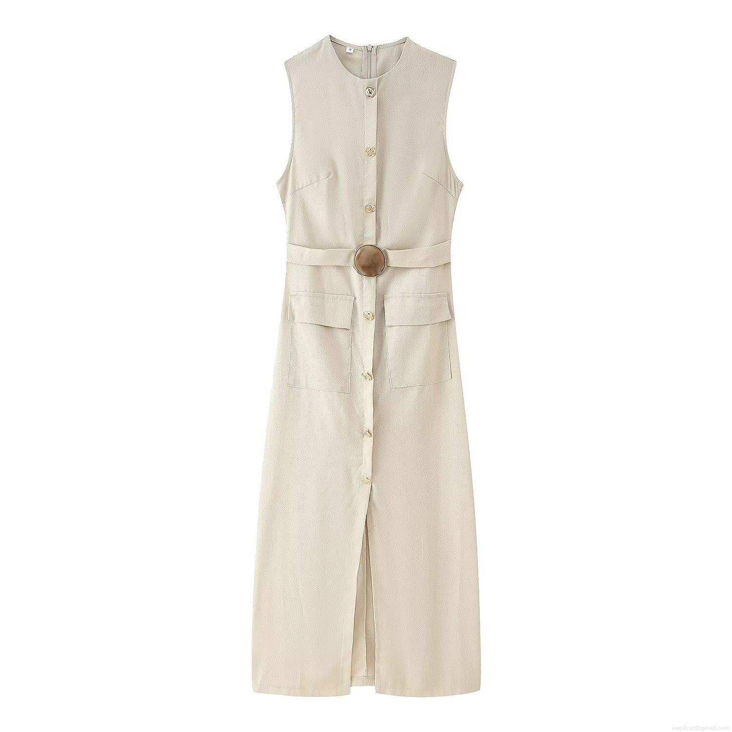 Women's Sleeveless Midi Dress With Belt Pocket Decoration Solid Color Workwear Style Round Neck Polyester Linen Look Summer Beach Party Dress Women's Sleeveless Midi Dress With Belt Pocket Decoration Solid Color Workwear Style Round Neck Polyester Linen Look Summer Beach Party Dress