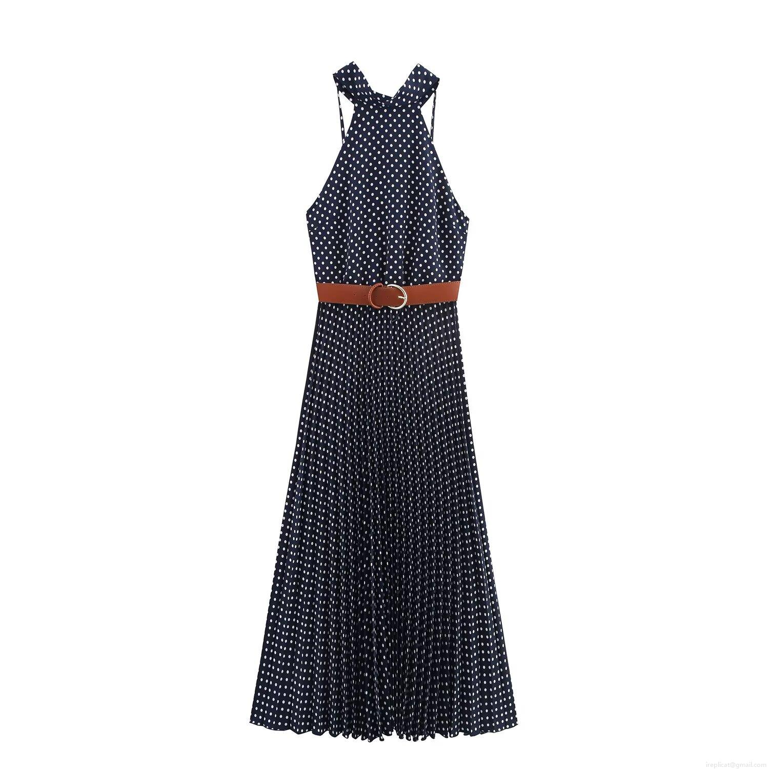 Women's Vintage Polka Dot Halter Midi Dress With Belt Backless Pleated Sleeveless Summer Satin Polyester Long Dress For Party Vacation Women's Vintage Polka Dot Halter Midi Dress With Belt Backless Pleated Sleeveless Summer Satin Polyester Long Dress For Party Vacation