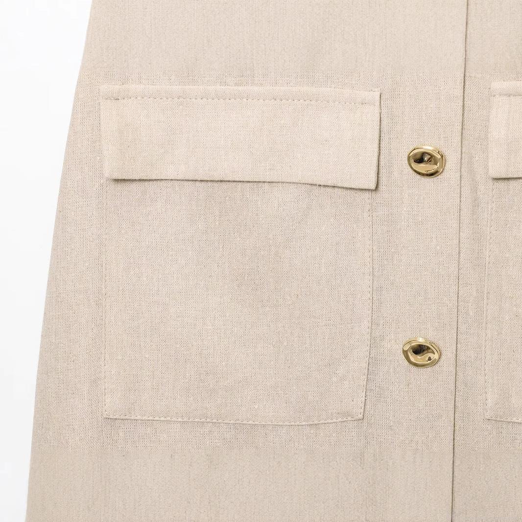 Women\'s Linen Cotton Sleeveless Button Down Midi Dress Casual Summer Belted Tank Dress With Pockets Solid Beige Shirt Dress For Vacation Streetwear