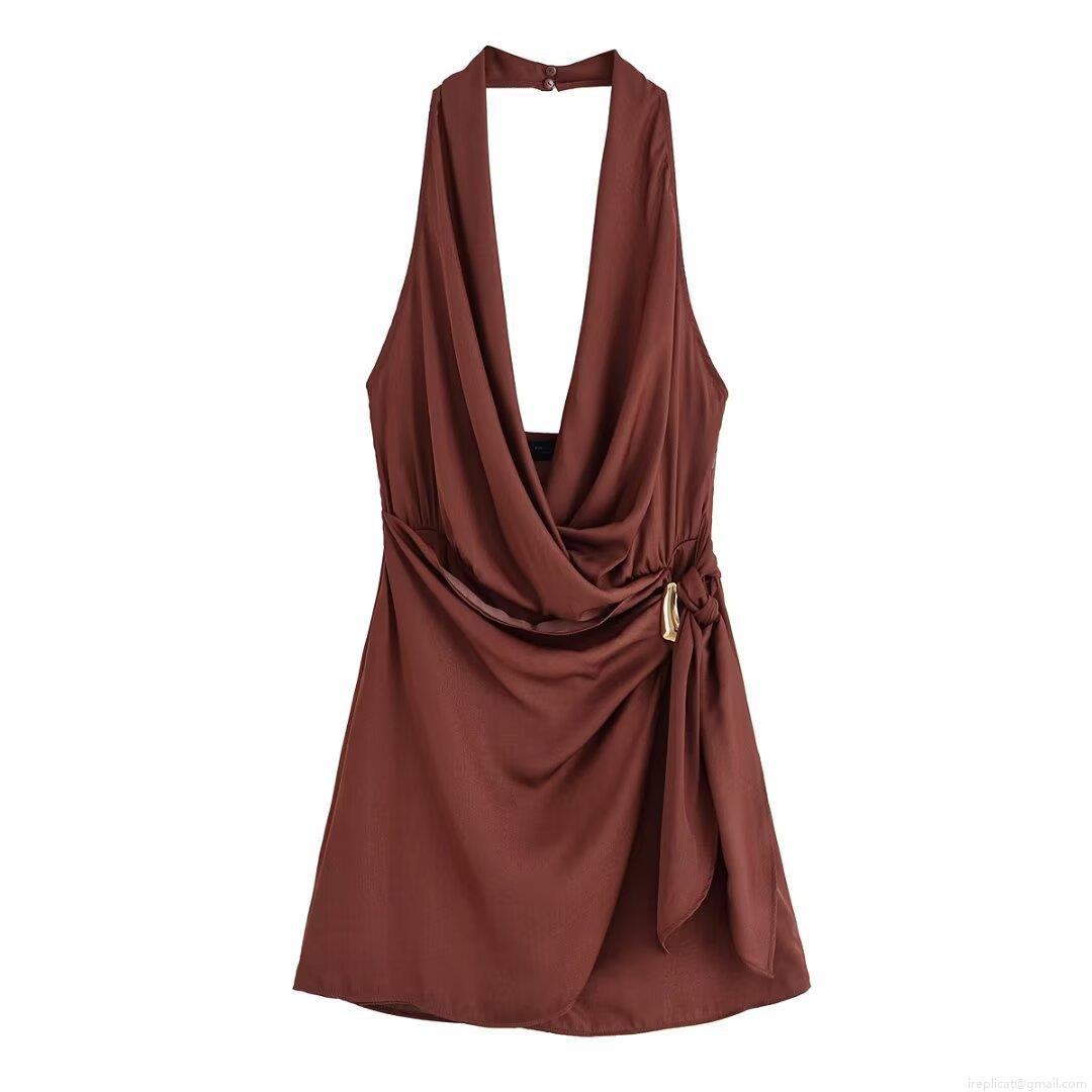 Sexy Halter Backless Midi Dress For Women Summer Satin Polyester Draped Neck Deep V Dress Metal Buckle Elegant Party Evening Club Cocktail Streetwear Dress Sexy Halter Backless Midi Dress For Women Summer Satin Polyester Draped Neck Deep V Dress Metal Buckle Elegant Party Evening Club Cocktail Streetwear Dress