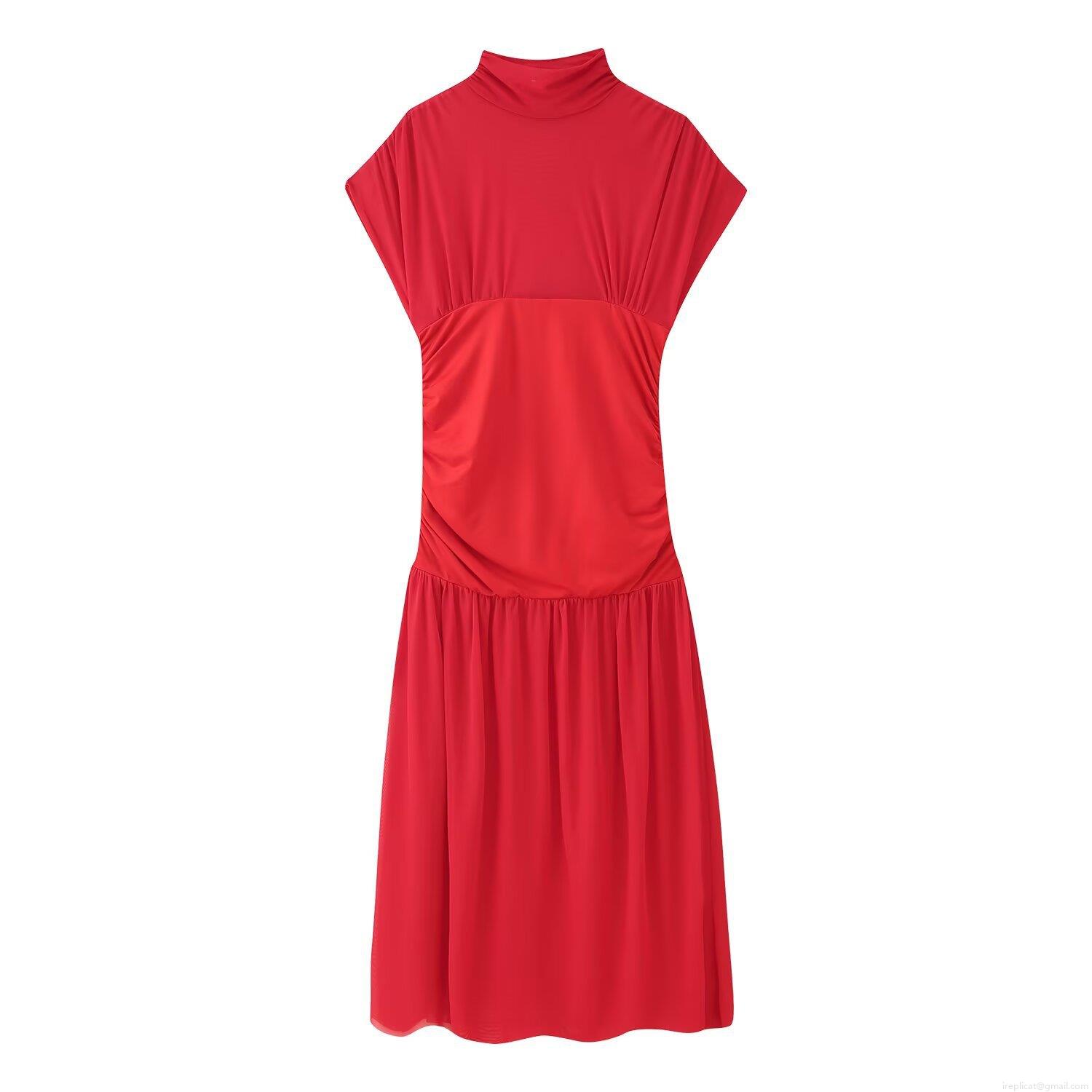 Women's Sexy Ruched Bodycon Midi Dress Sleeveless High Neck Mesh Patchwork Solid Red Polyester Dress For Party Club Night Out Women's Sexy Ruched Bodycon Midi Dress Sleeveless High Neck Mesh Patchwork Solid Red Polyester Dress For Party Club Night Out