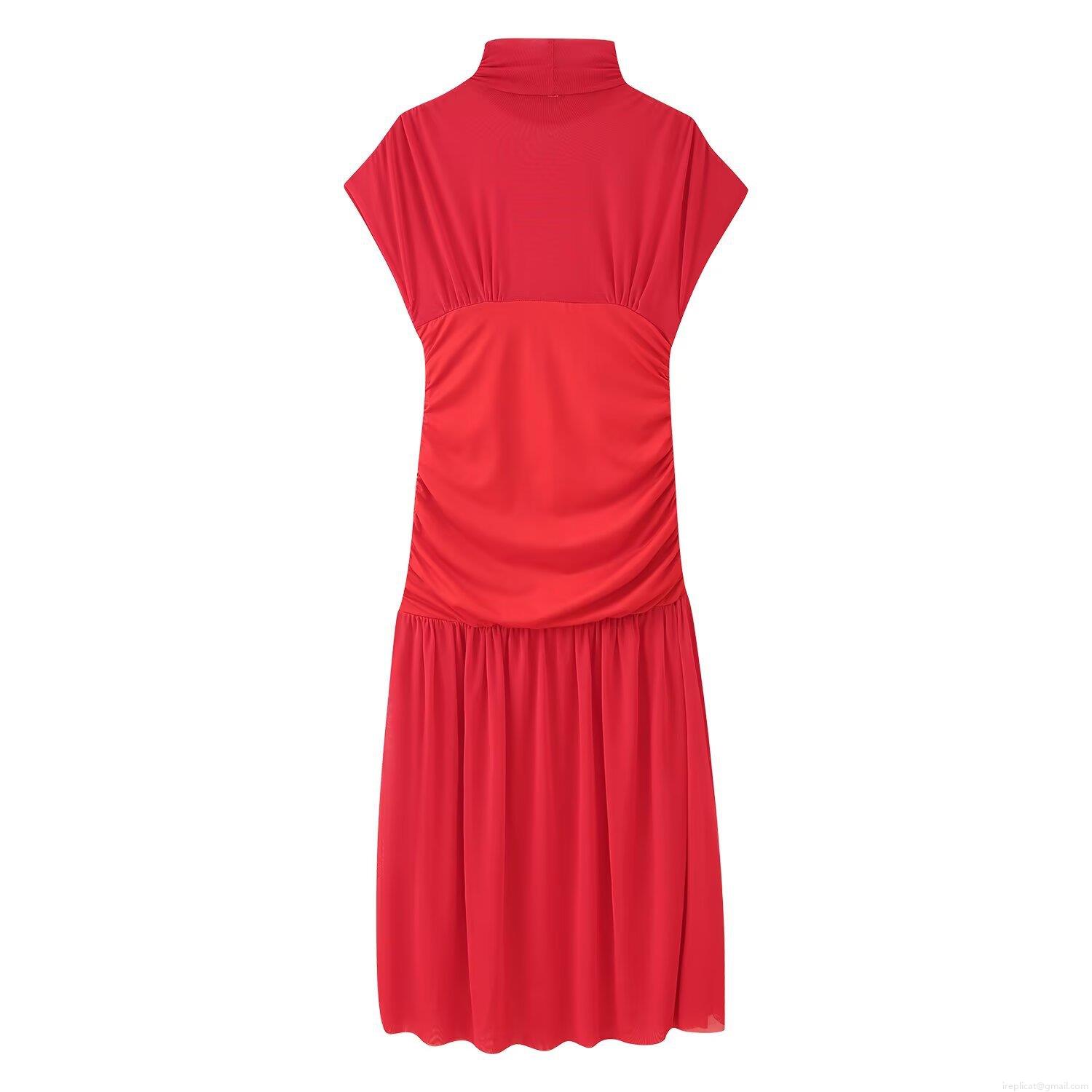 Women\'s Sexy Ruched Bodycon Midi Dress Sleeveless High Neck Mesh Patchwork Solid Red Polyester Dress For Party Club Night Out