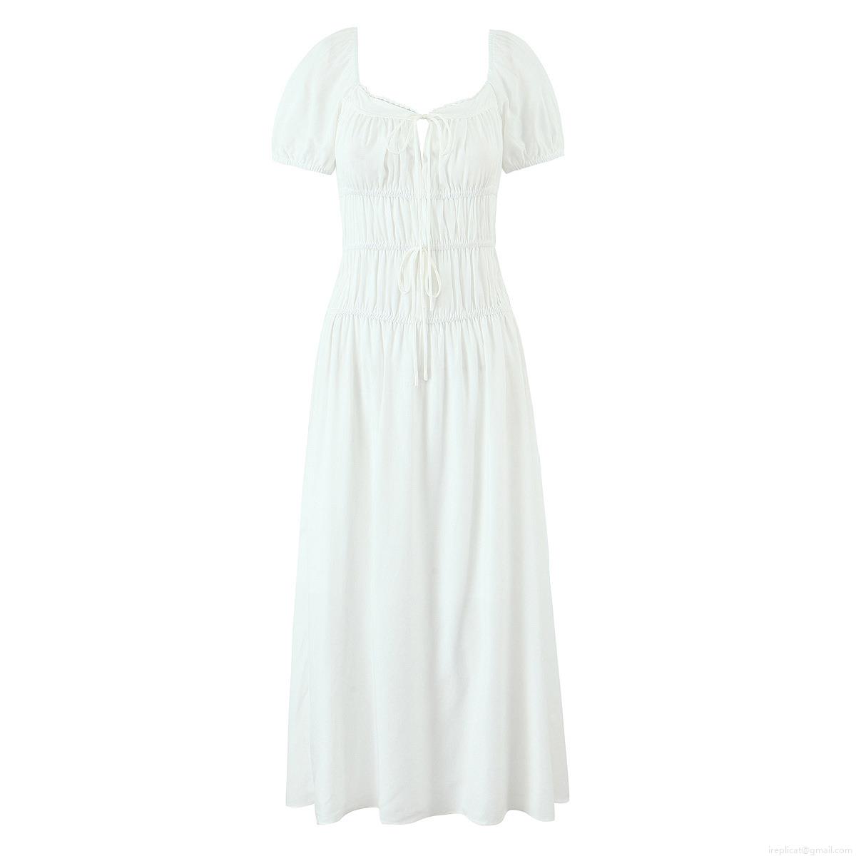 Women's White Puff Sleeve V-Neck Midi Dress Spliced Lace-Up Smocked A-Line Summer Casual Beach Vacation Polyester Cotton Blend Dress Women's White Puff Sleeve V-Neck Midi Dress Spliced Lace-Up Smocked A-Line Summer Casual Beach Vacation Polyester Cotton Blend Dress