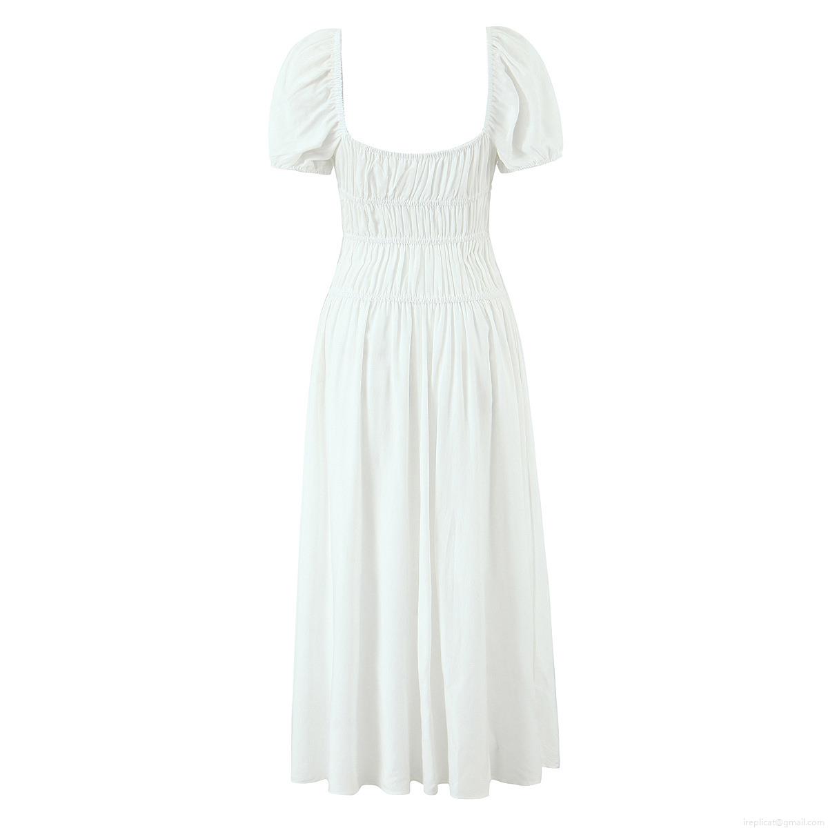 Women\'s White Puff Sleeve V-Neck Midi Dress Spliced Lace-Up Smocked A-Line Summer Casual Beach Vacation Polyester Cotton Blend Dress