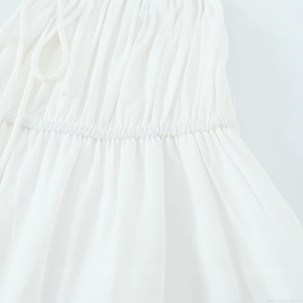 Women\'s White Puff Sleeve V-Neck Midi Dress Spliced Lace-Up Smocked A-Line Summer Casual Beach Vacation Polyester Cotton Blend Dress
