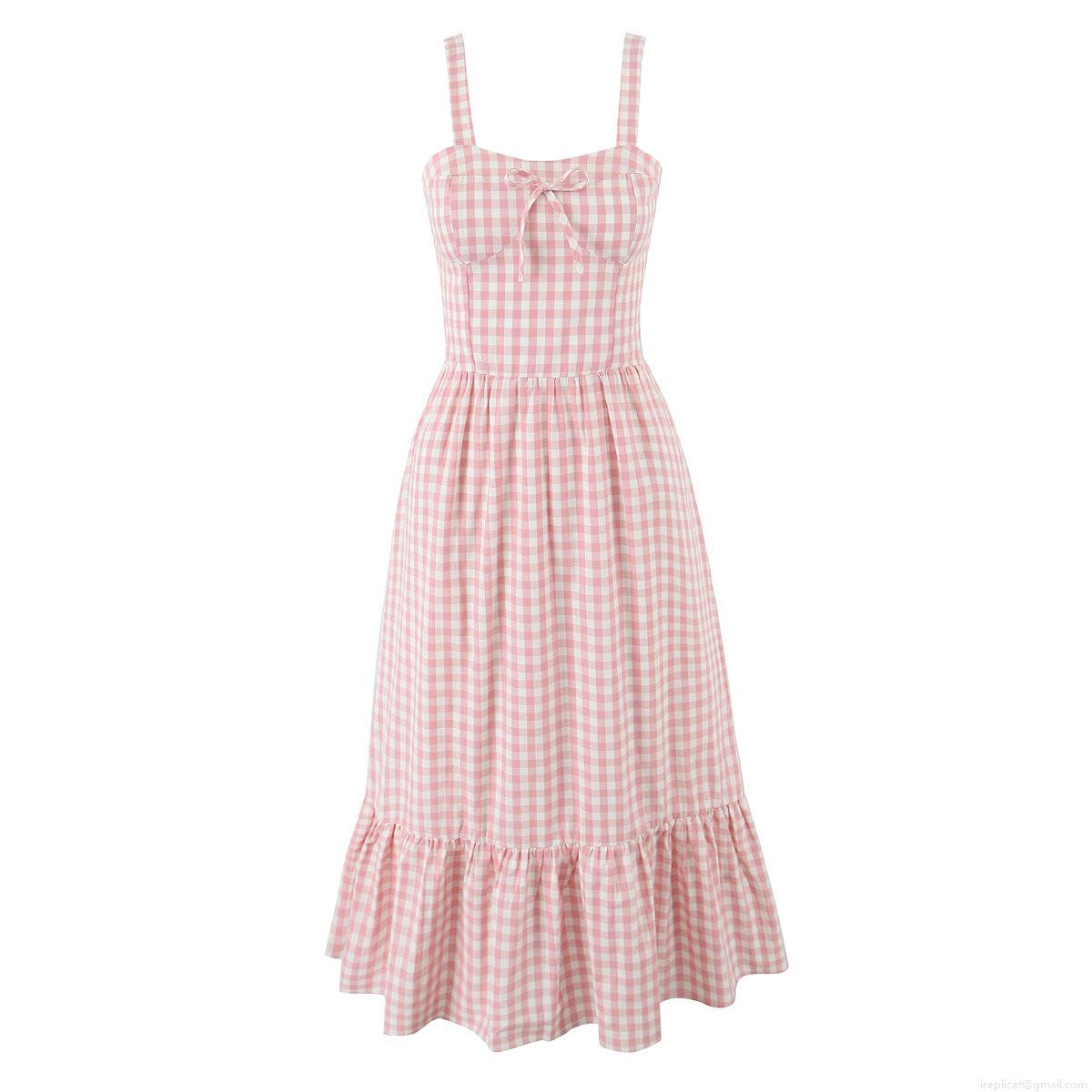 Women's Summer Pink Gingham Midi Dress Cotton Smocked Backless Sundress With Metal Zipper and Bow Detail Sleeveless Streetwear Women's Summer Pink Gingham Midi Dress Cotton Smocked Backless Sundress With Metal Zipper and Bow Detail Sleeveless Streetwear